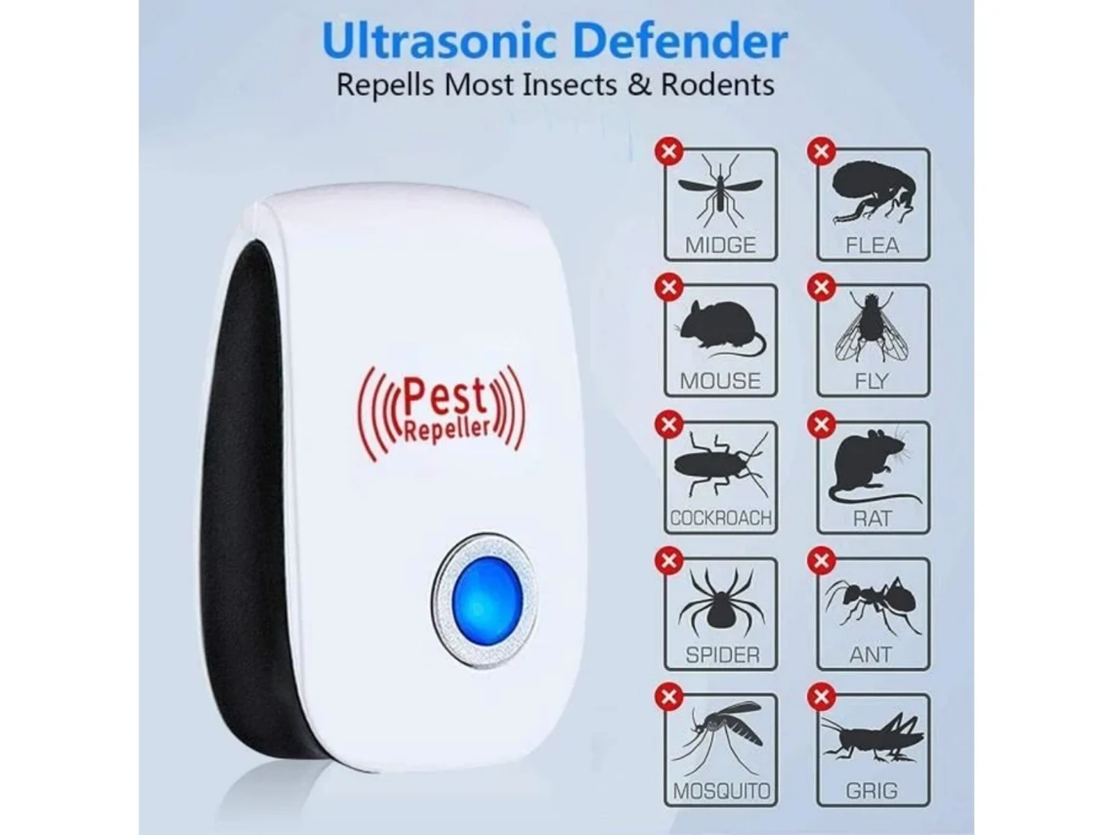 Weißer Ultraschall-Schädlingsbekämpfer mit Symbolen von Insekten und Nagetieren.