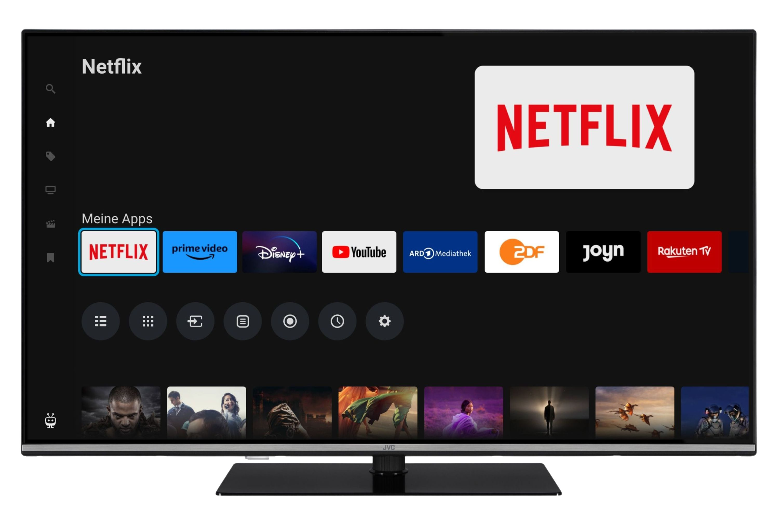 Ein Fernsehbildschirm zeigt die Netflix-Startseite mit App-Symbolen wie Netflix, Prime Video und YouTube.