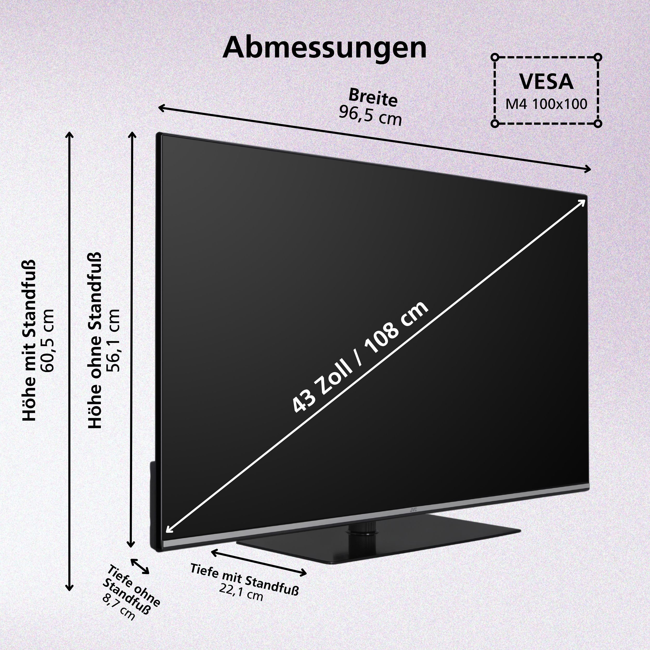 Ein 43-Zoll-Fernseher mit Maßen: Breite 96,5 cm, Höhe 60,5 cm (mit Fuß), Tiefe 22,1 cm (mit Fuß).