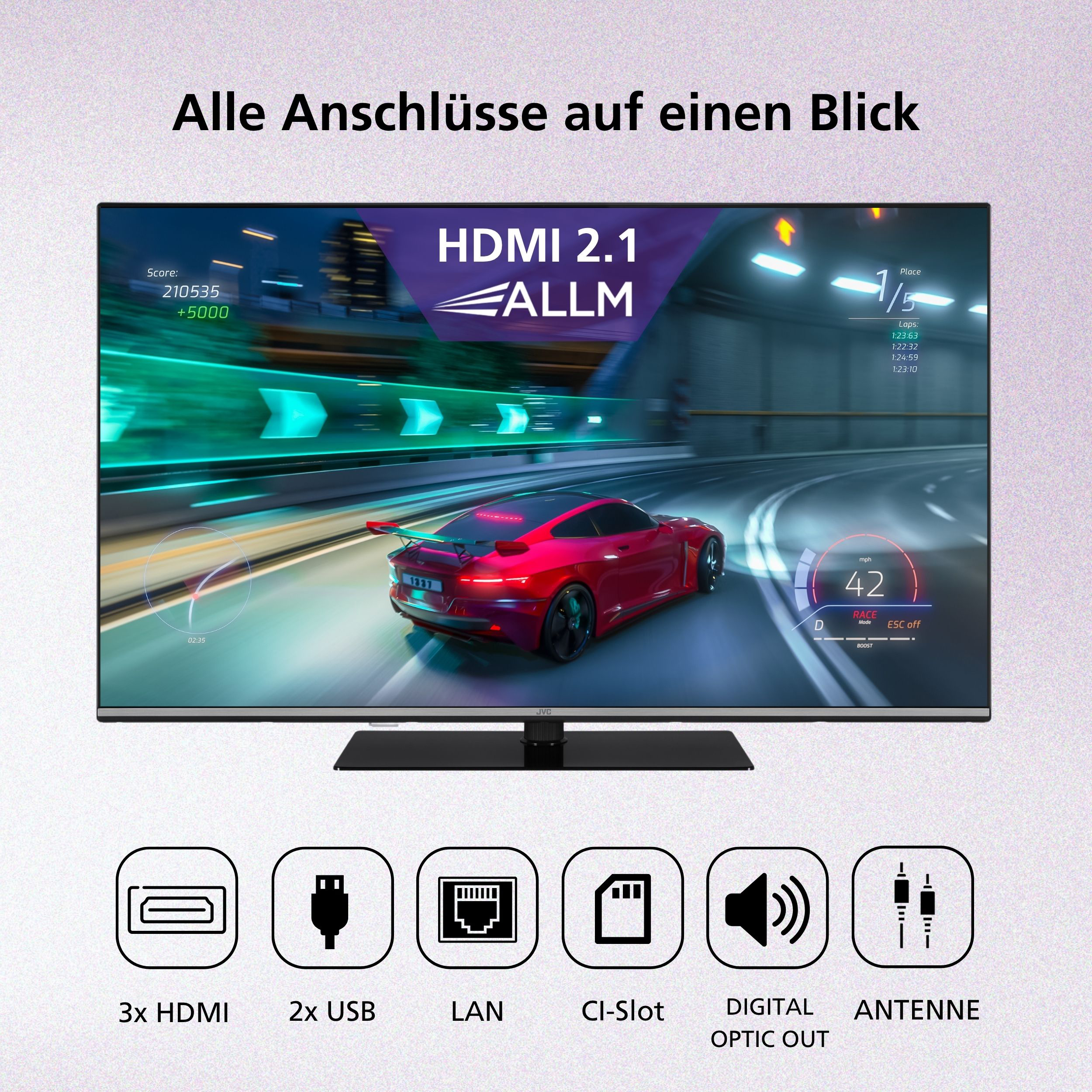 TV-Bildschirm zeigt Rennspiel mit rotem Auto, Geschwindigkeit 42 mph und Verbindungssymbolen: 3x HDMI, 2x USB, LAN.