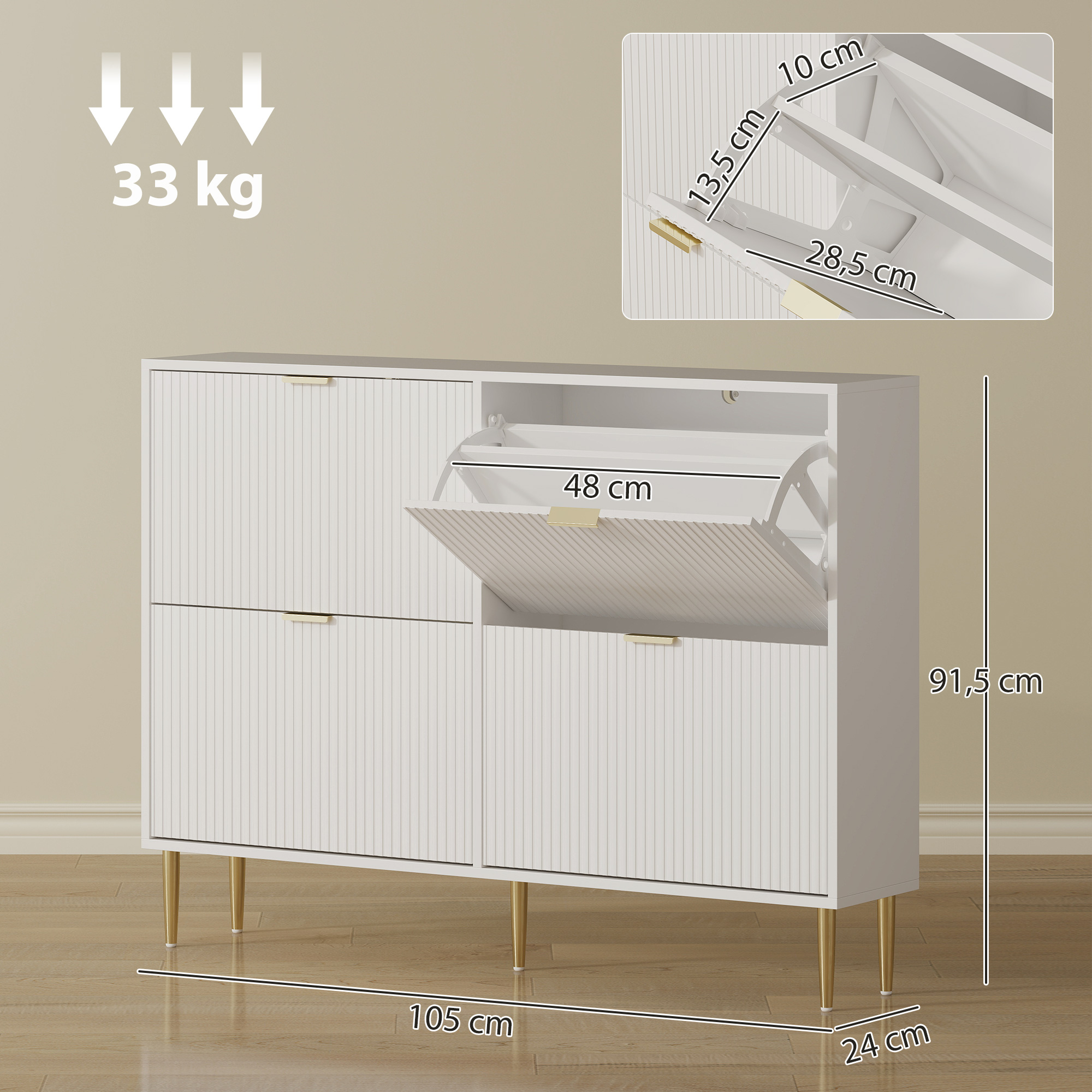Mueble blanco con tiradores y patas doradas. Dimensiones: 105x24x91,5cm.