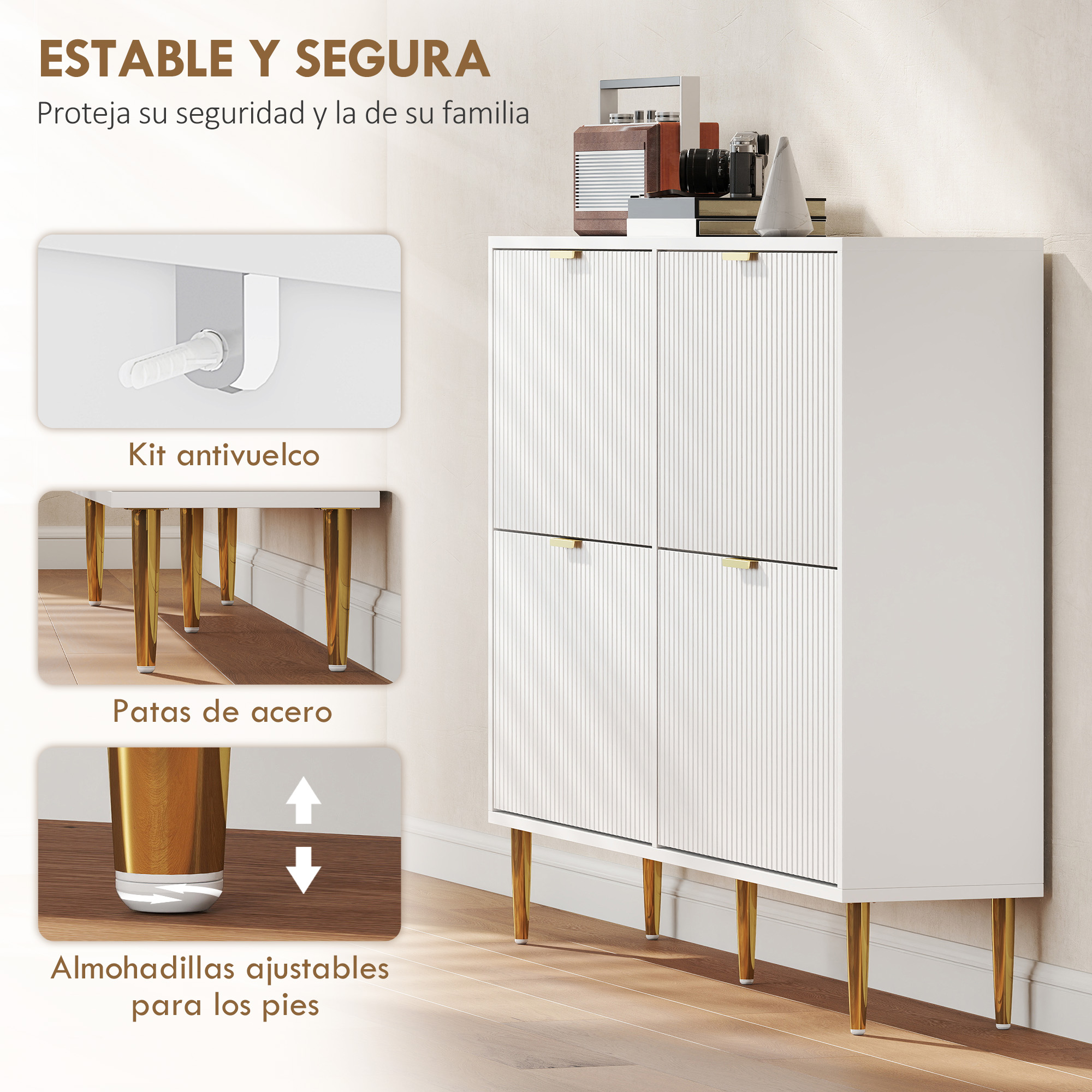 Un armario blanco de cuatro puertas con patas doradas sobre suelo de madera.
