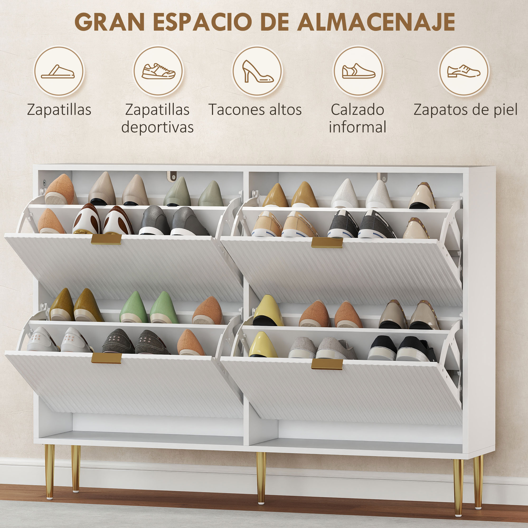 Un zapatero blanco con patas doradas, lleno de varios zapatos.