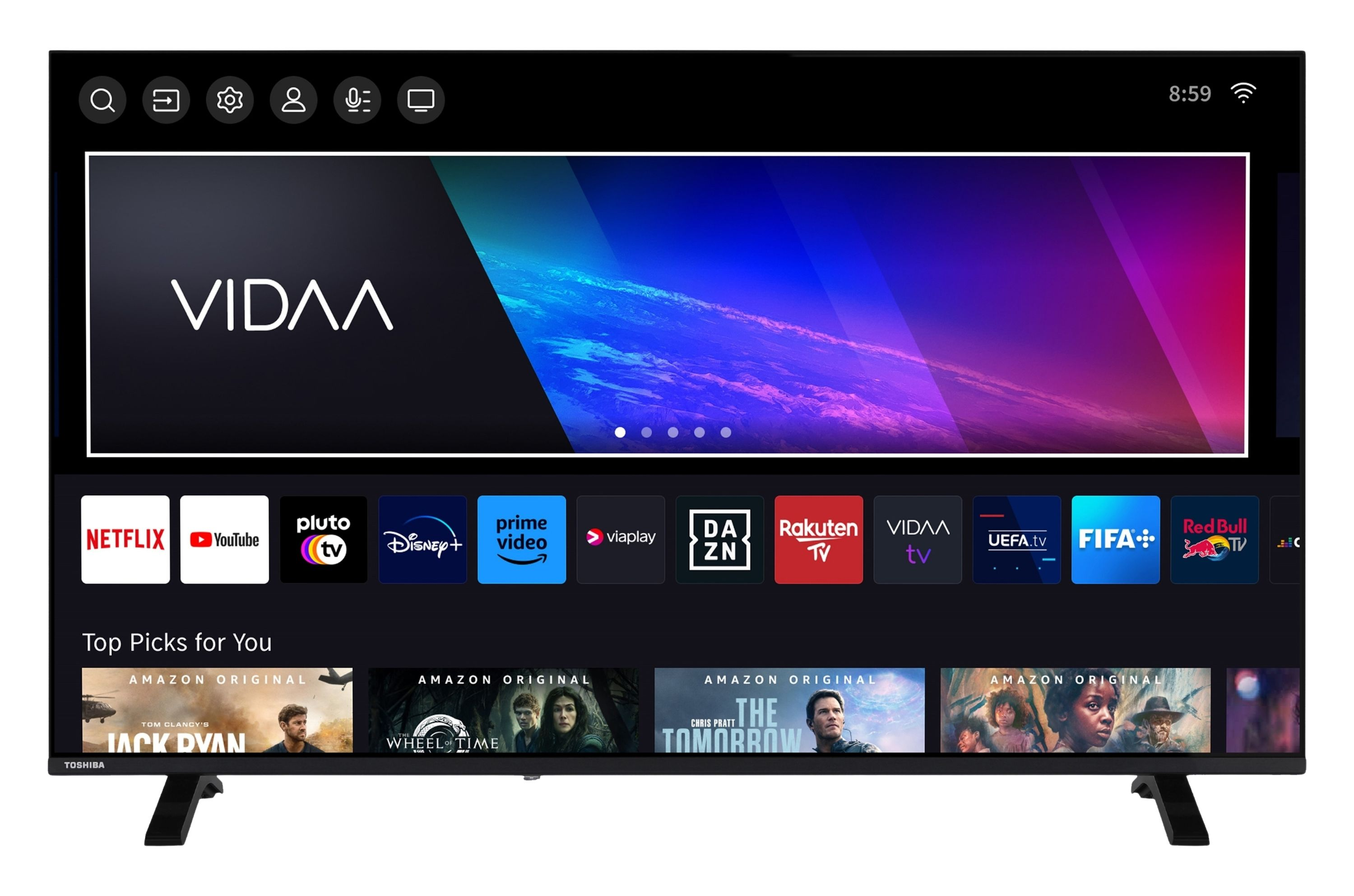 Ein Toshiba Smart TV-Startbildschirm mit VIDAA-Logo, App-Symbolen und Filmauswahl.
