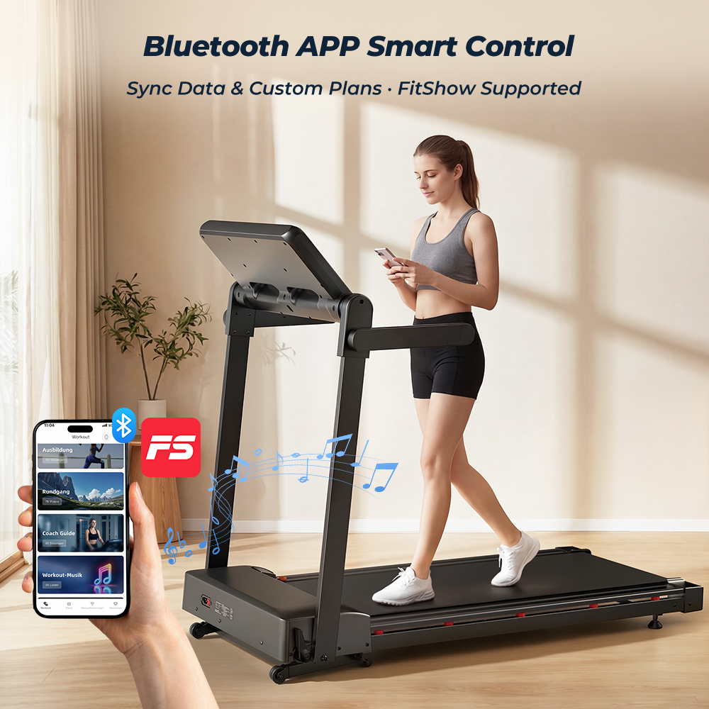 Donna su tapis roulant usa telefono, controllo app. Attrezzatura fitness indoor.