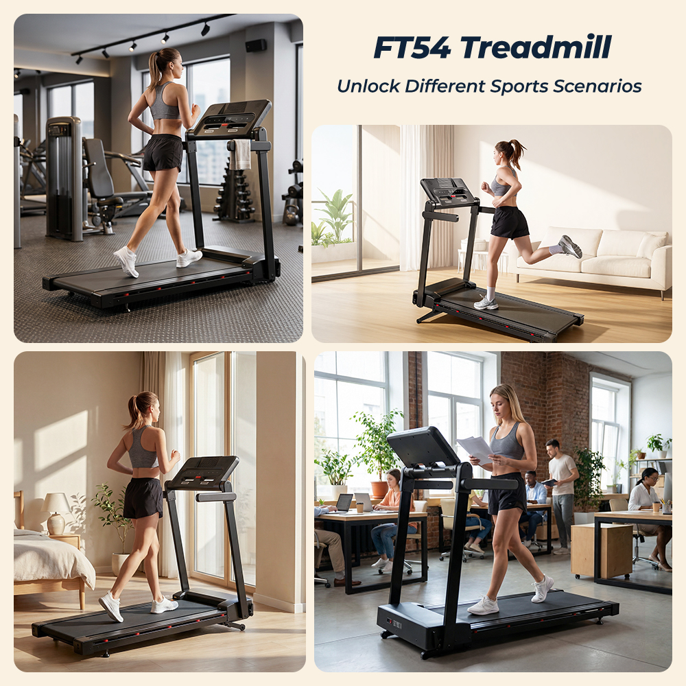 Quattro scene: donna su tapis roulant in palestra, soggiorno, camera da letto e ufficio.