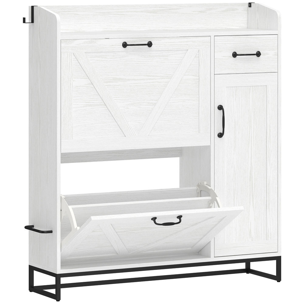 Gabinete blanco para entrada con herrajes negros. Tiene dos cajones, una puerta y un compartimento abatible para zapatos.