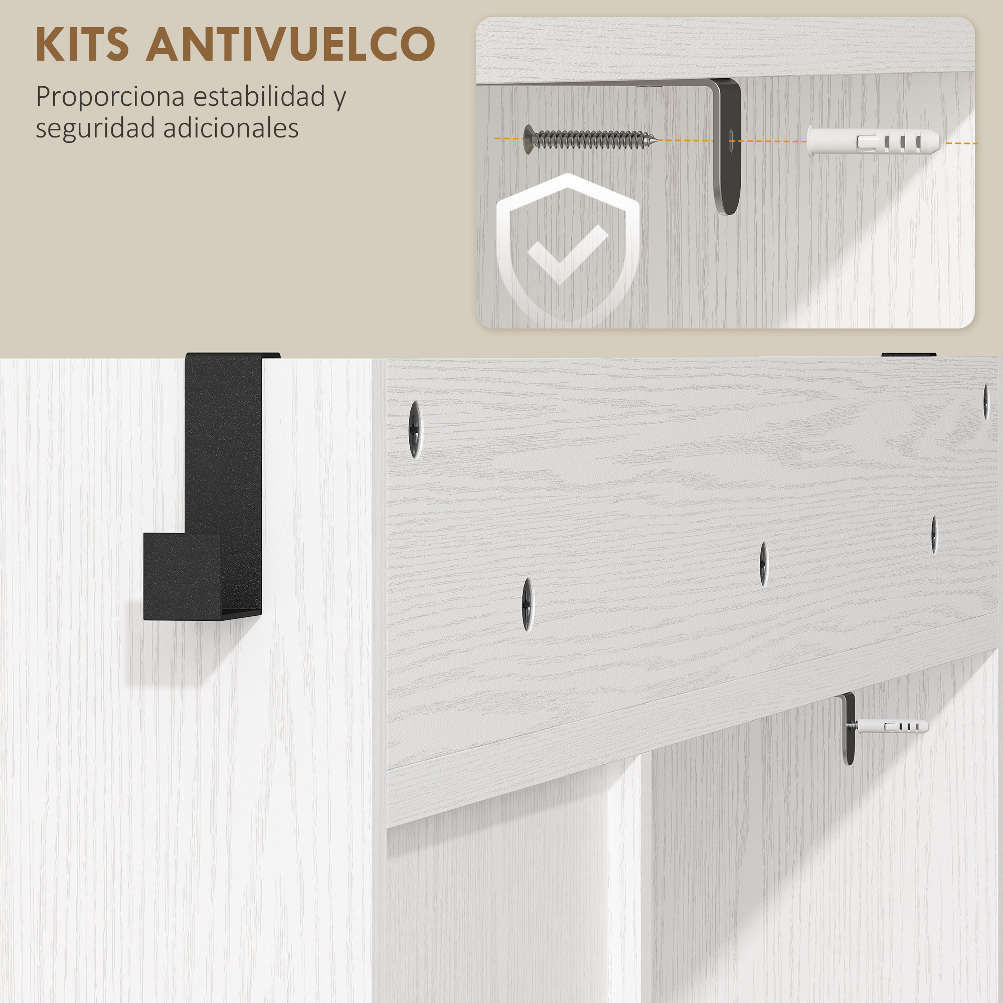 Un soporte angular negro en una pared de madera con tornillos y tacos.