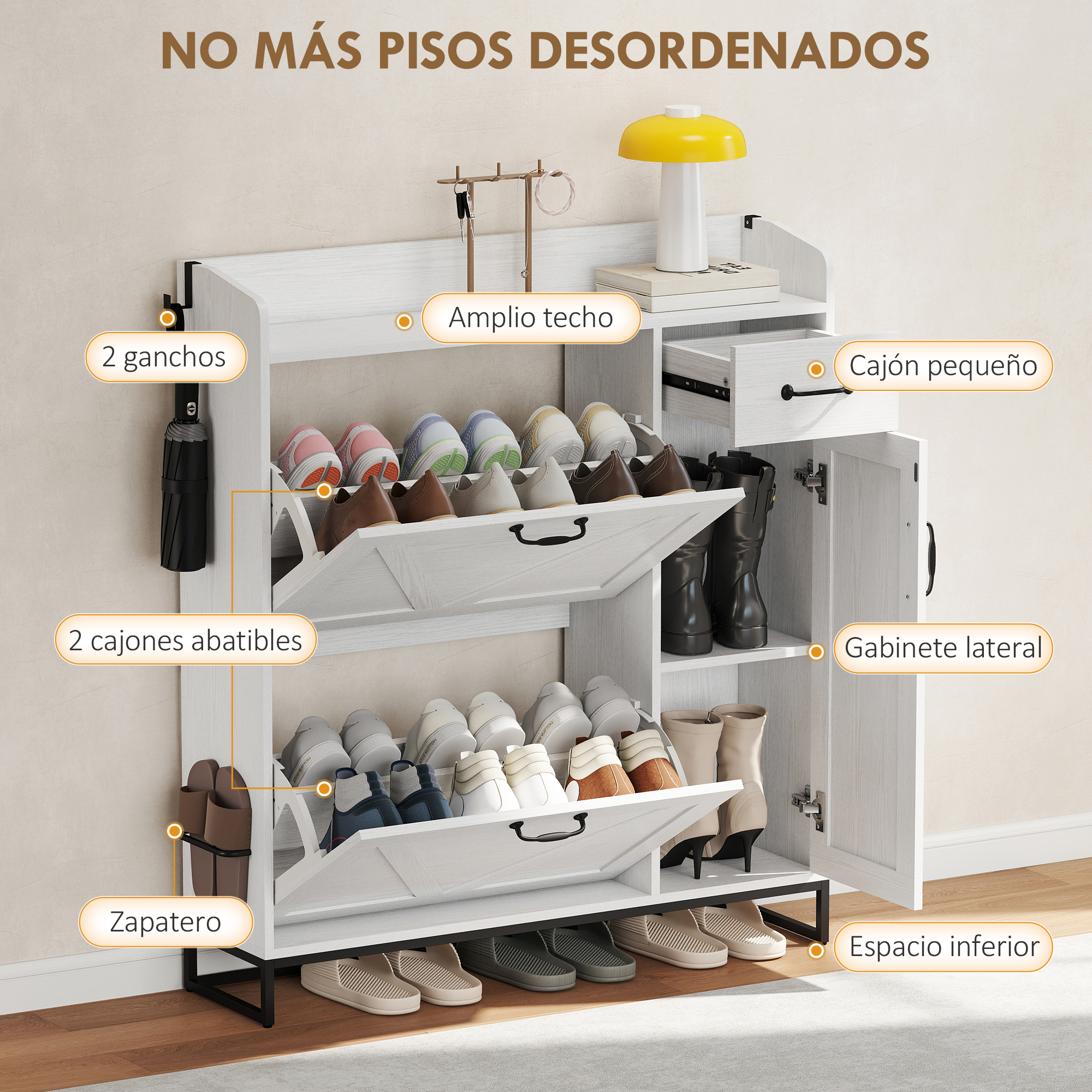 Zapatero blanco con varios estantes, cajones y un armario lateral.