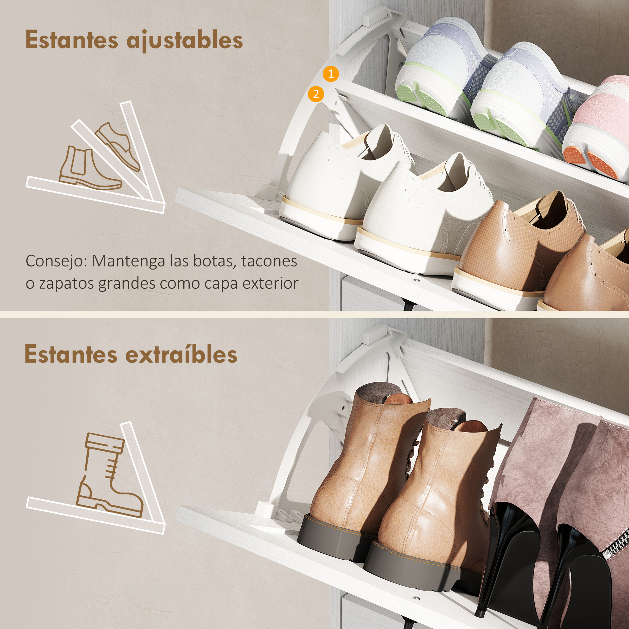 Zapatero con estantes ajustables y extraíbles, mostrando varios tipos de calzado.