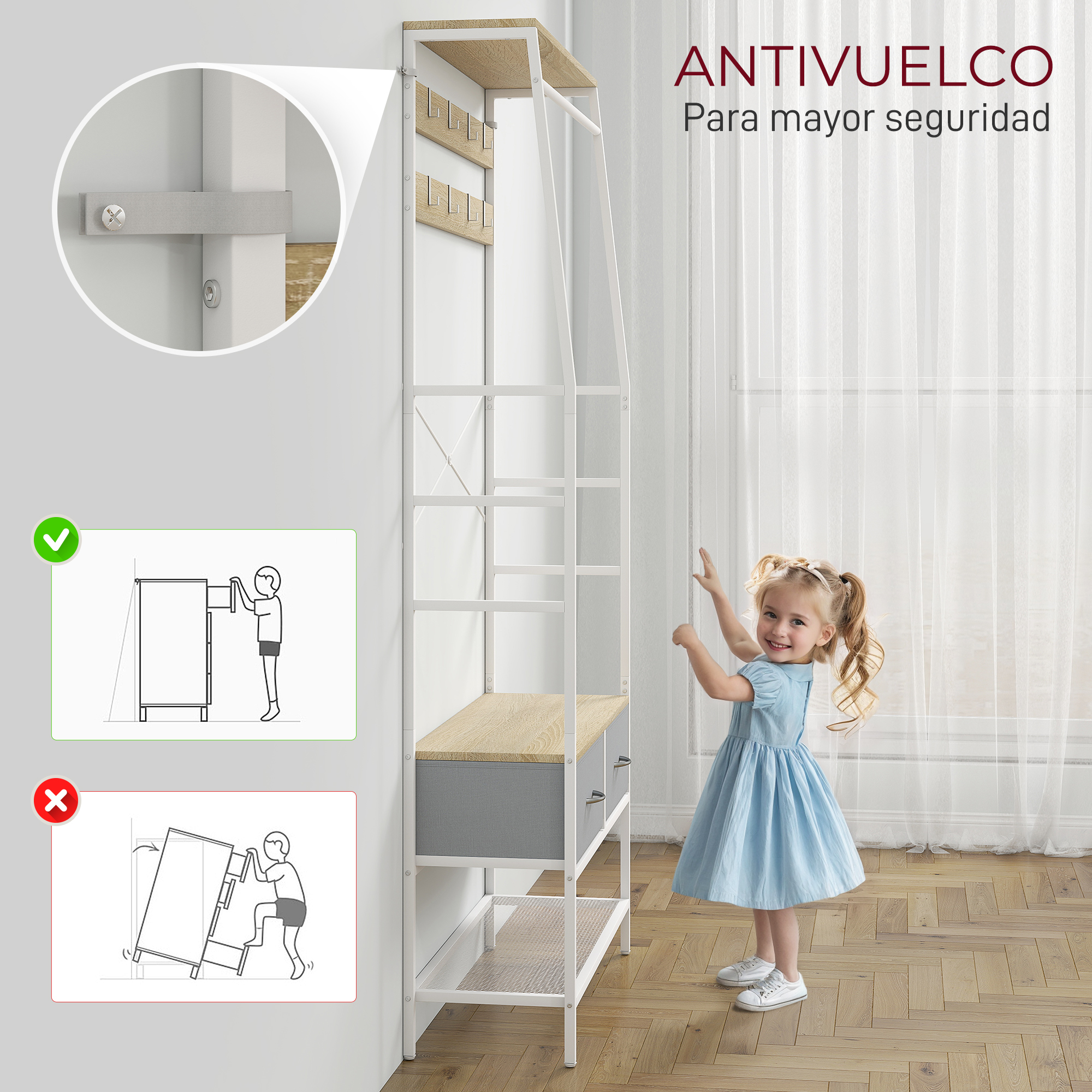 Niña con vestido azul junto a estantería; instrucciones de seguridad antivuelco.