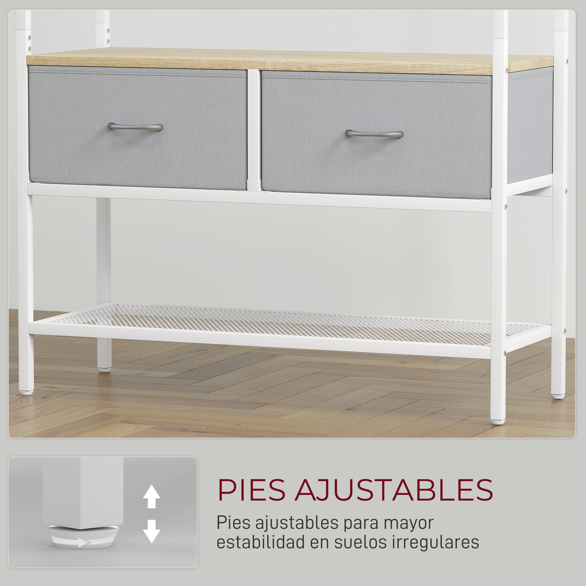 Un estante blanco con tablero de madera, dos cajones de tela grises y un estante inferior.