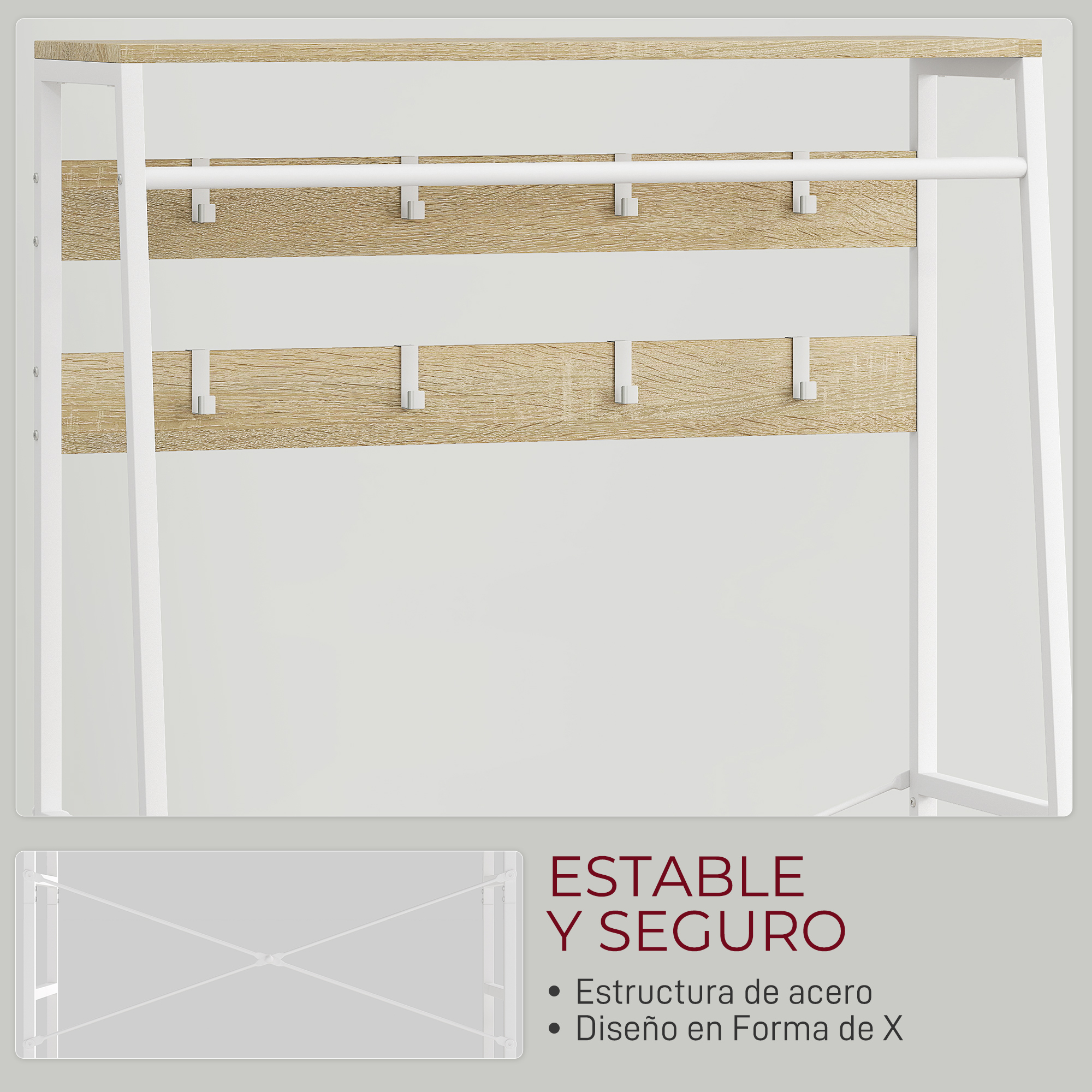 Un perchero con paneles de aspecto de madera y ganchos y barras blancas.