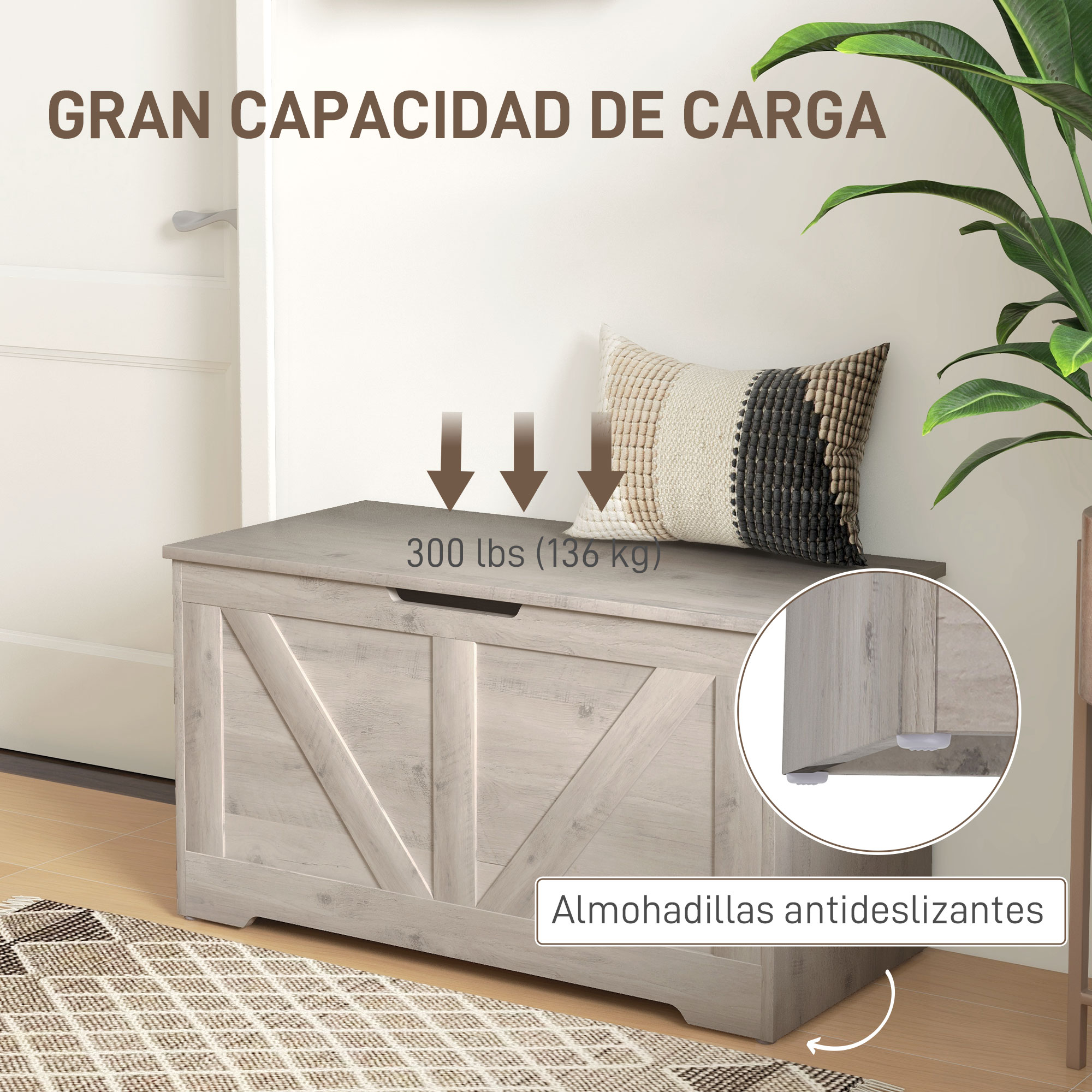 Un cofre de madera con cojín y planta. Tiene una capacidad de carga de 300 lbs (136 kg).