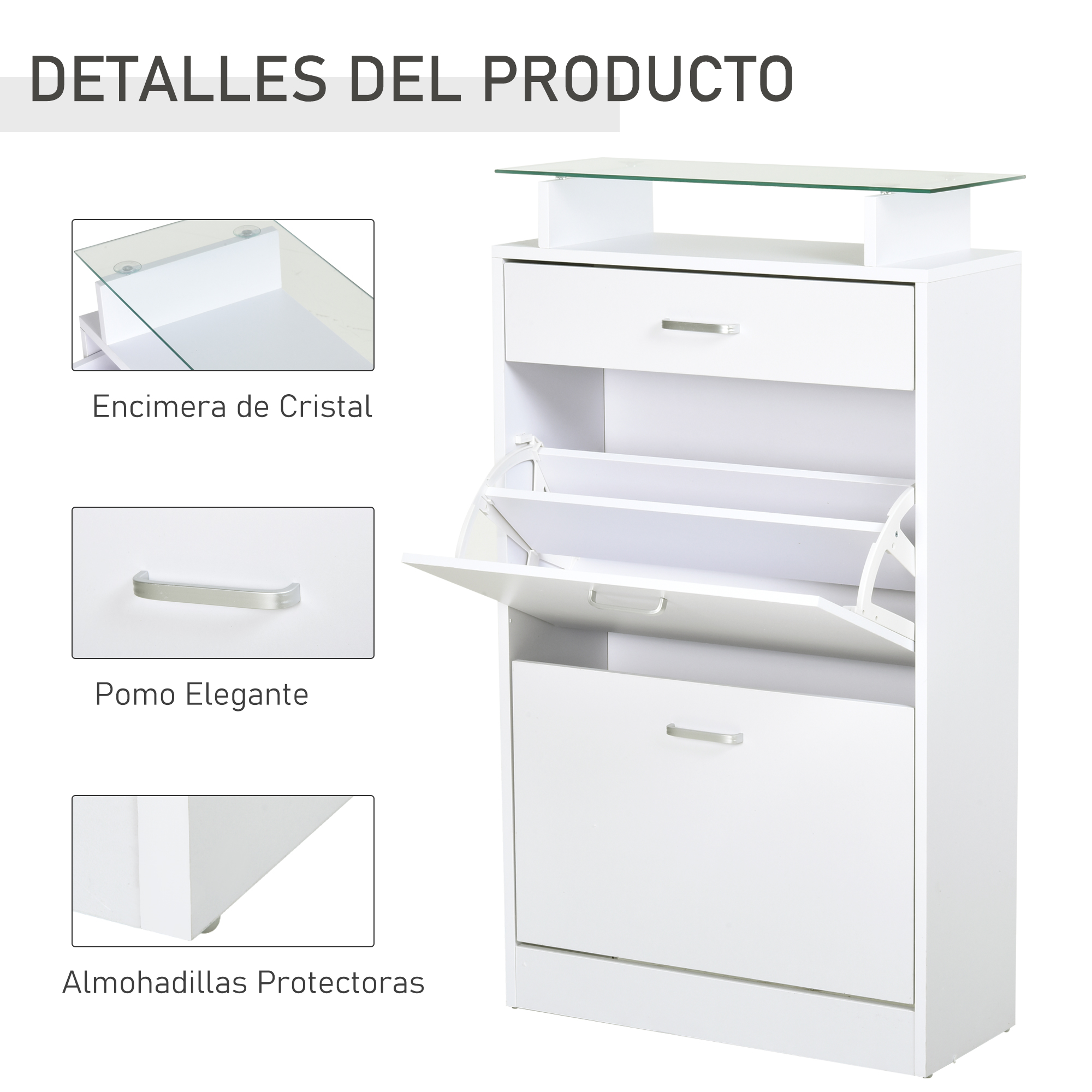 Un zapatero blanco con tapa de cristal, cajón y compartimentos abatibles.