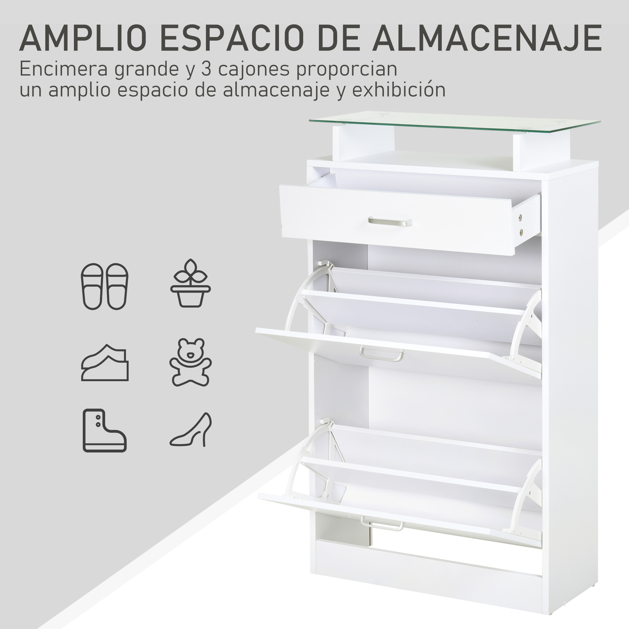 Un zapatero blanco con tres puertas abatibles y un cajón.