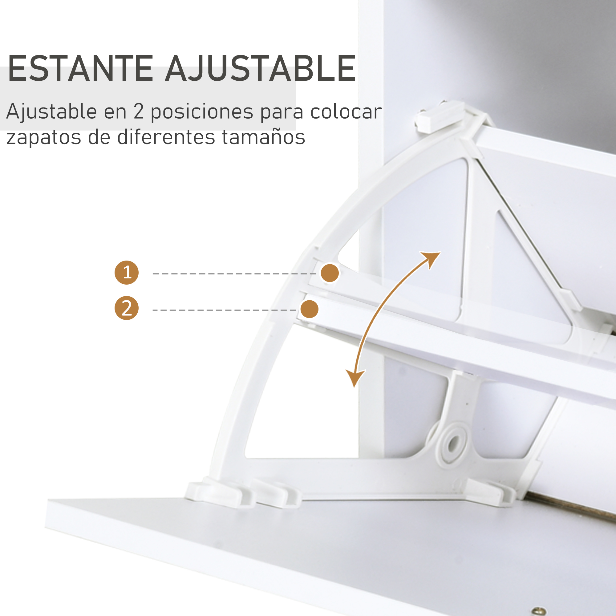Estante blanco ajustable con mecanismo para zapatos de diferentes tamaños.