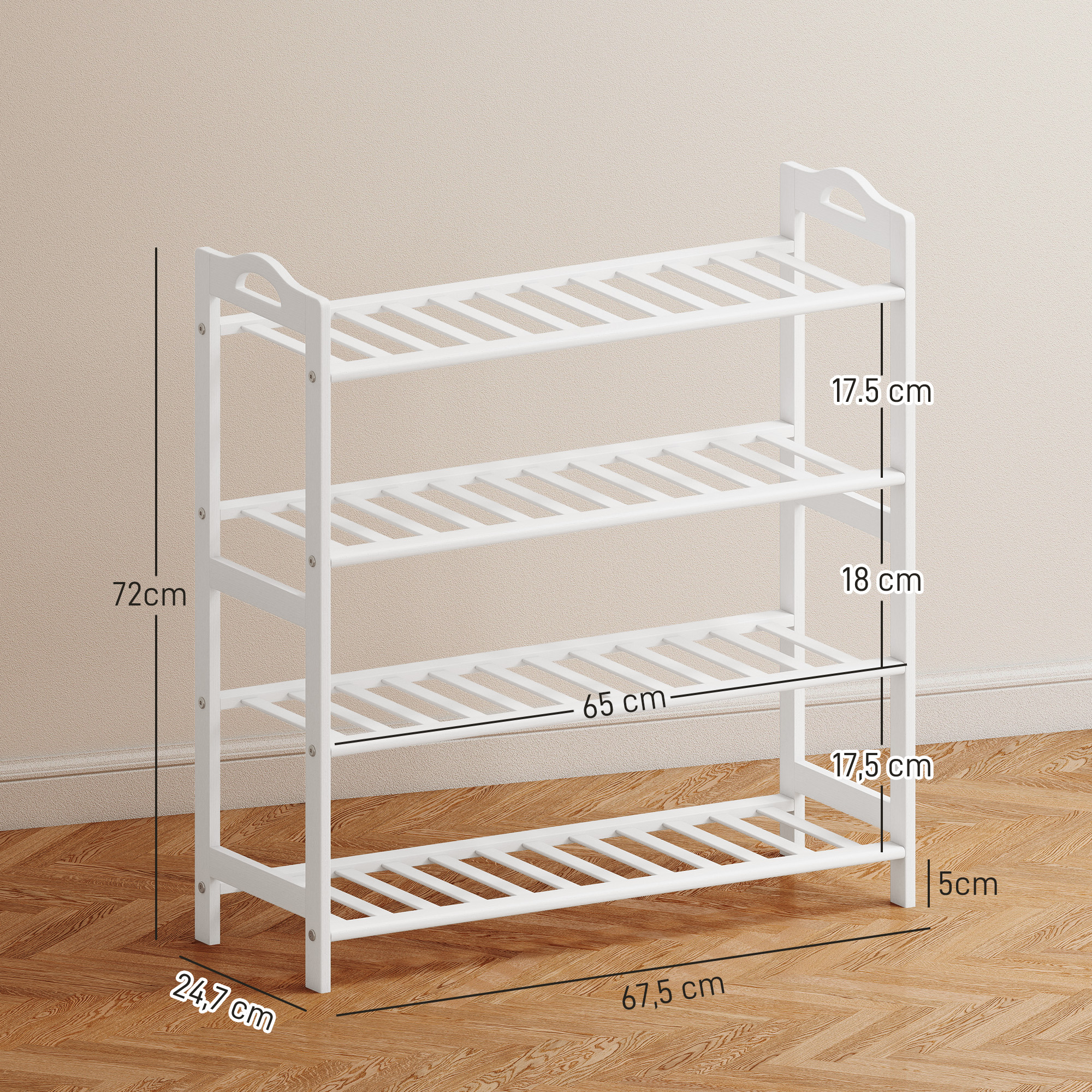 Un zapatero blanco de cuatro niveles con dimensiones indicadas.