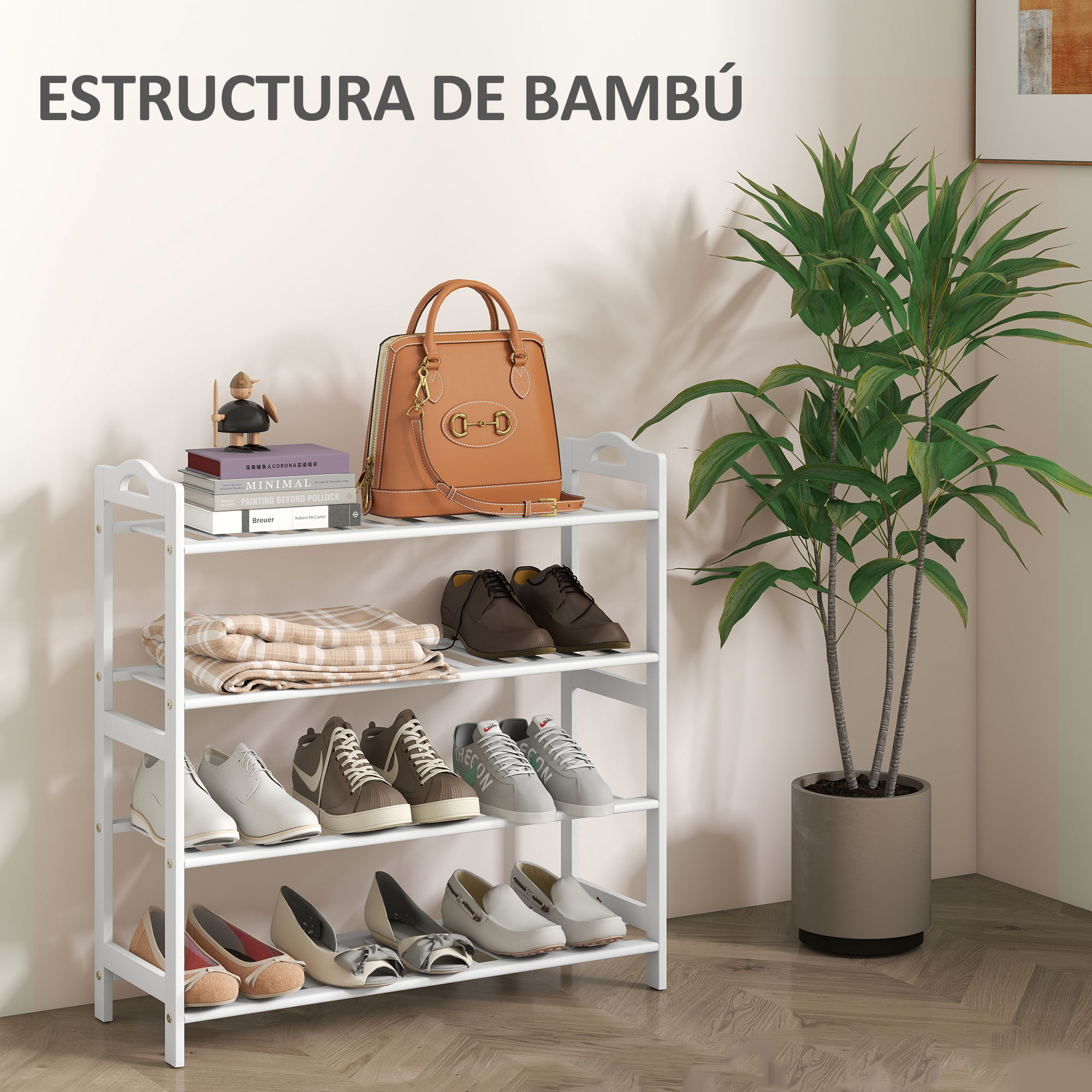 Un estante blanco con zapatos, un bolso, libros y una planta.