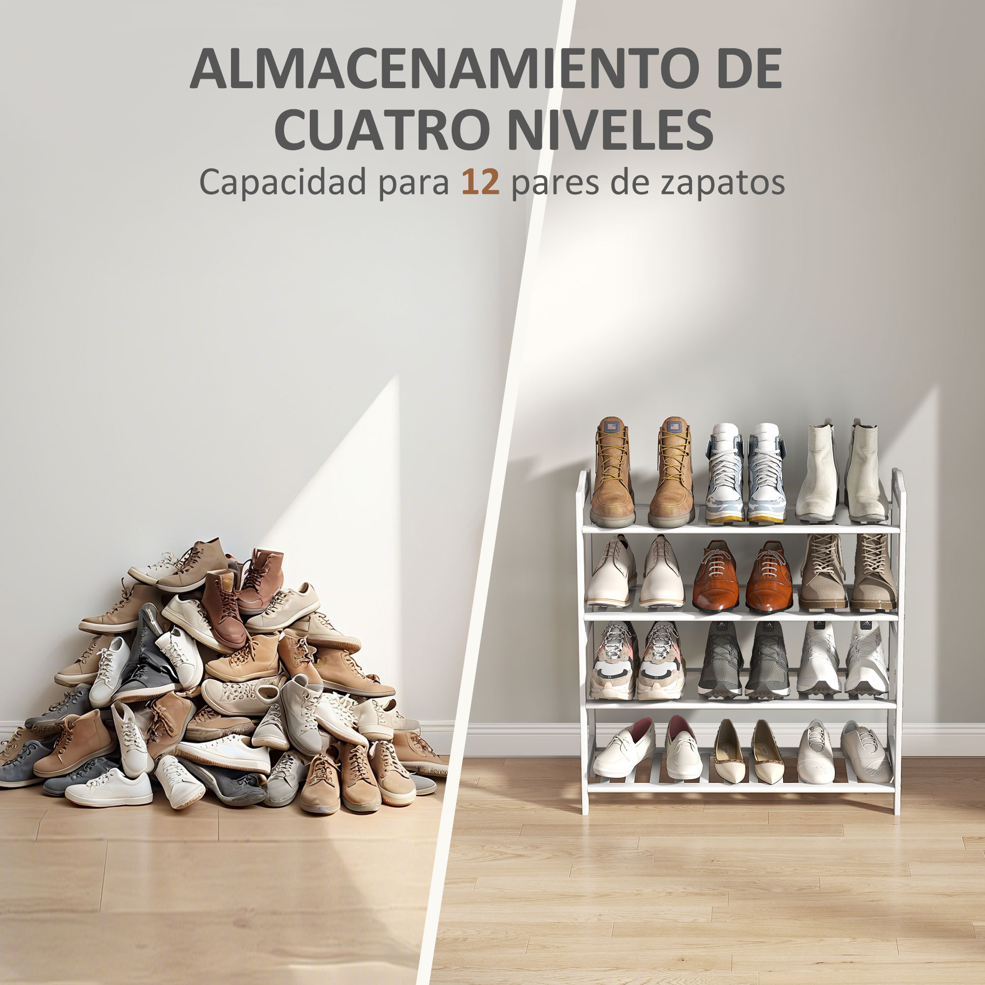 Una pila de zapatos a la izquierda, zapatero con zapatos a la derecha.