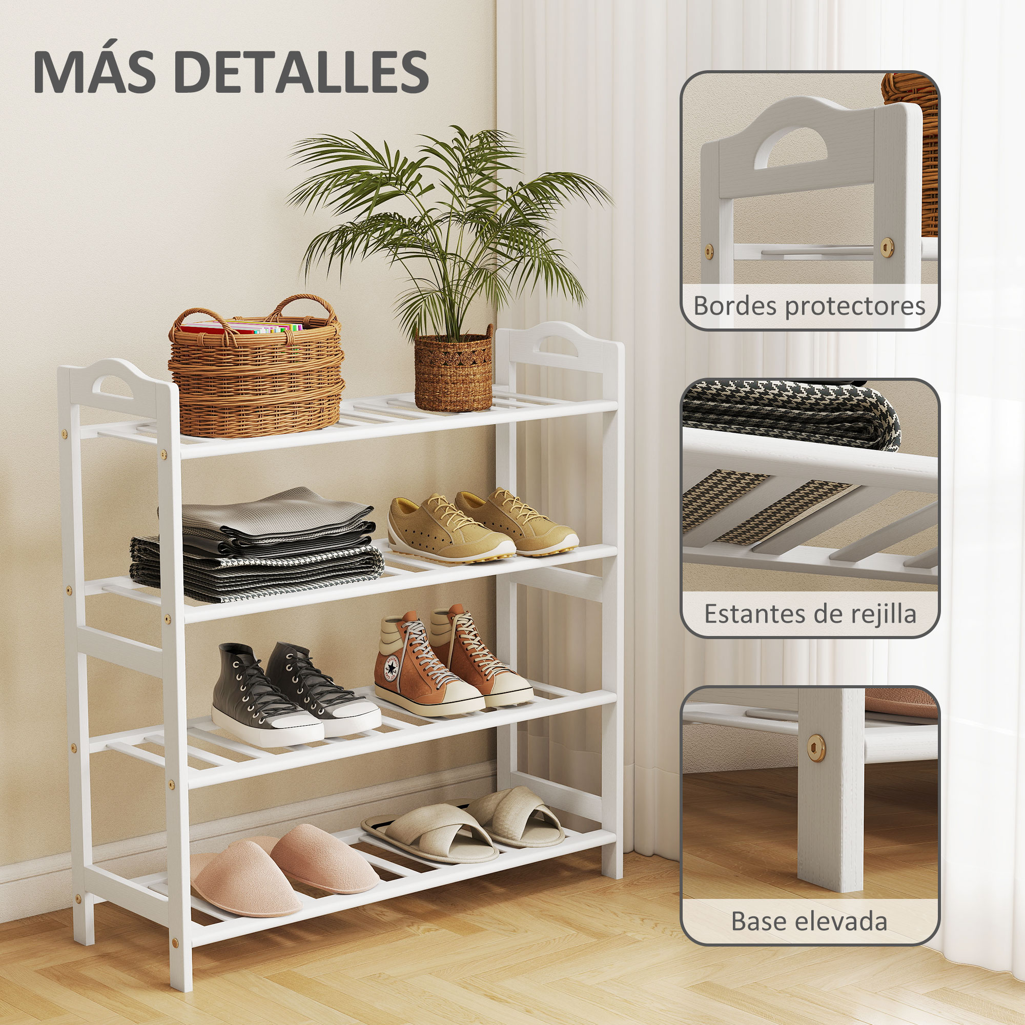 Zapatero blanco de cuatro niveles con zapatos, ropa y cestas.