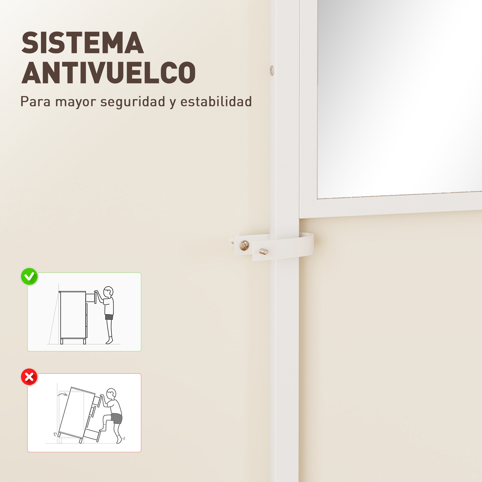 Sistema antivuelco: Un hombre asegura un mueble; otro se sube.