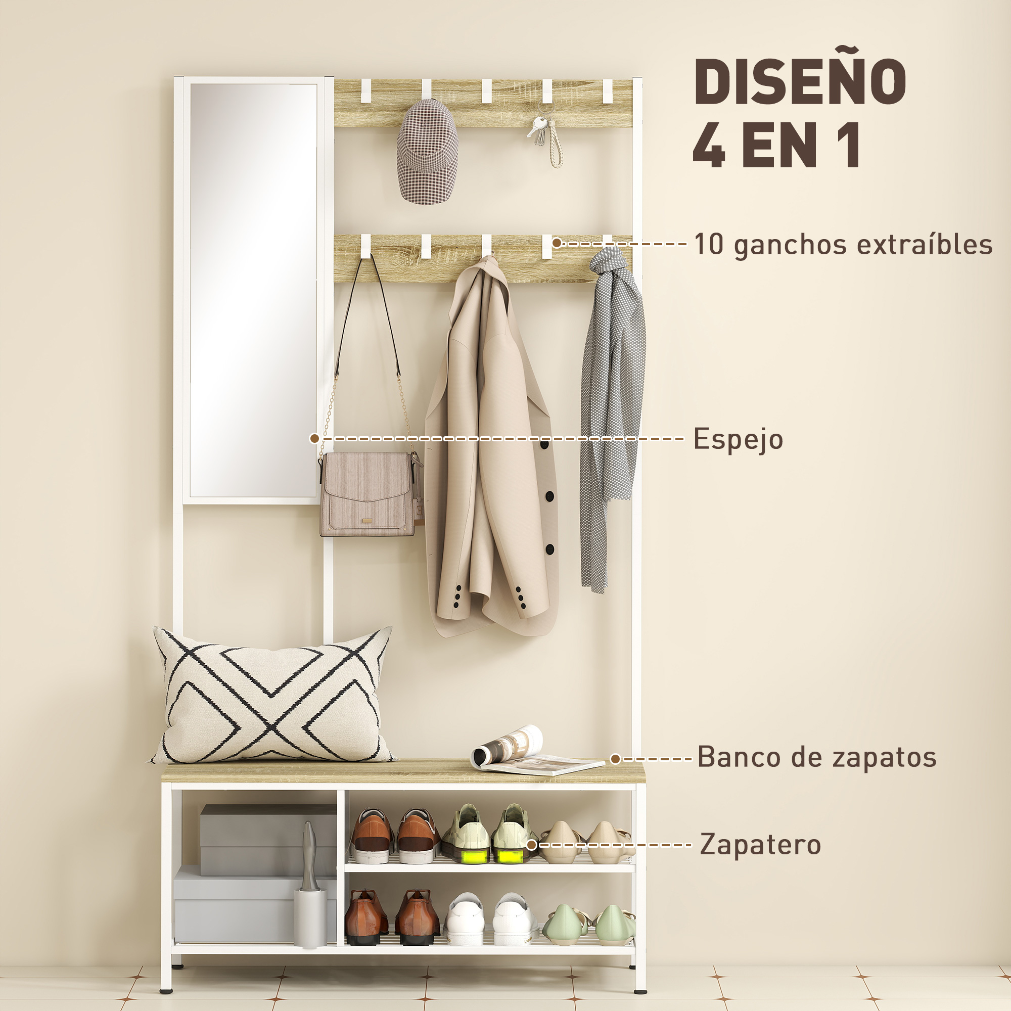 Mueble de recibidor con espejo, ganchos y zapatero.
