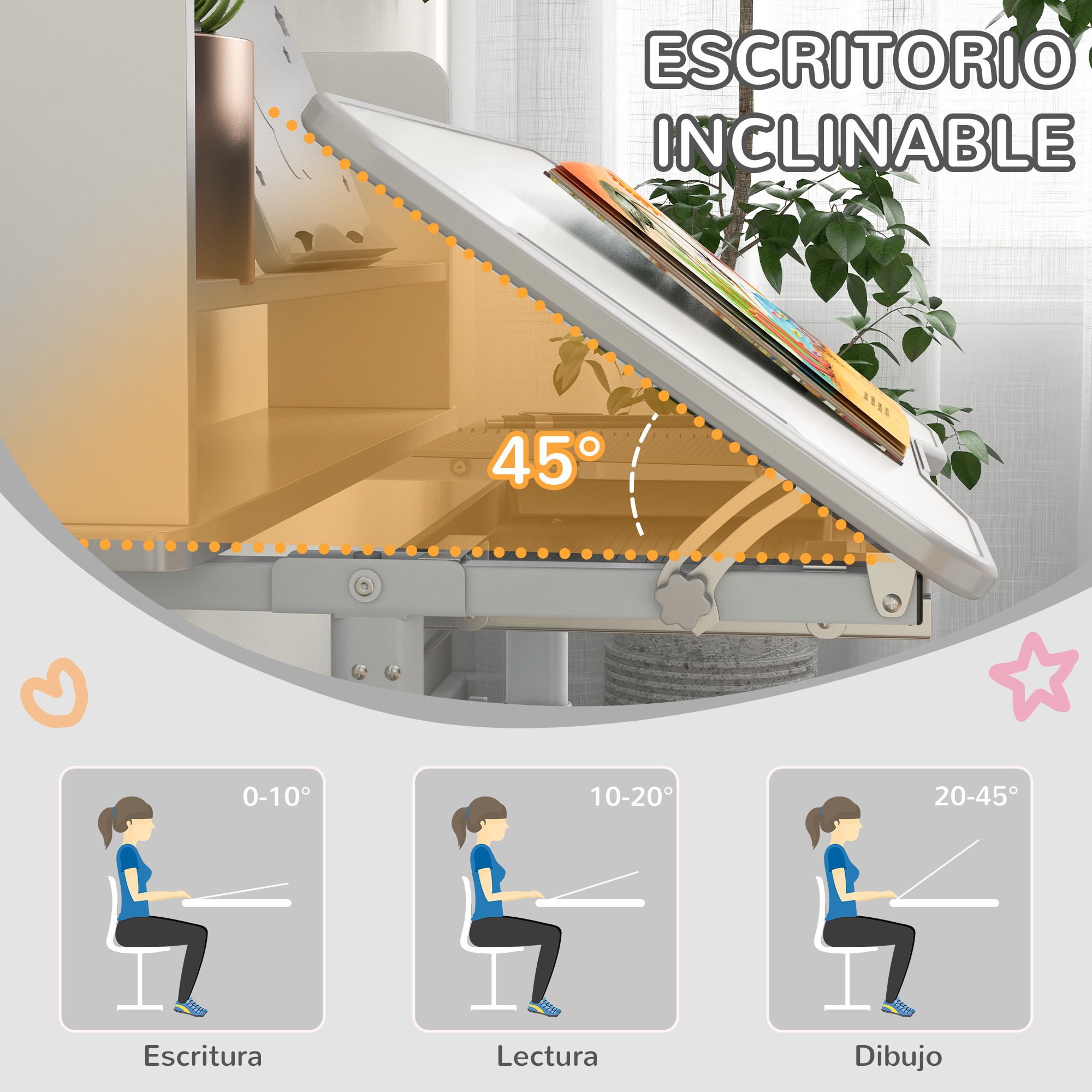 Escritorio inclinable a 45°, muestra 3 posiciones para escribir, leer, dibujar.
