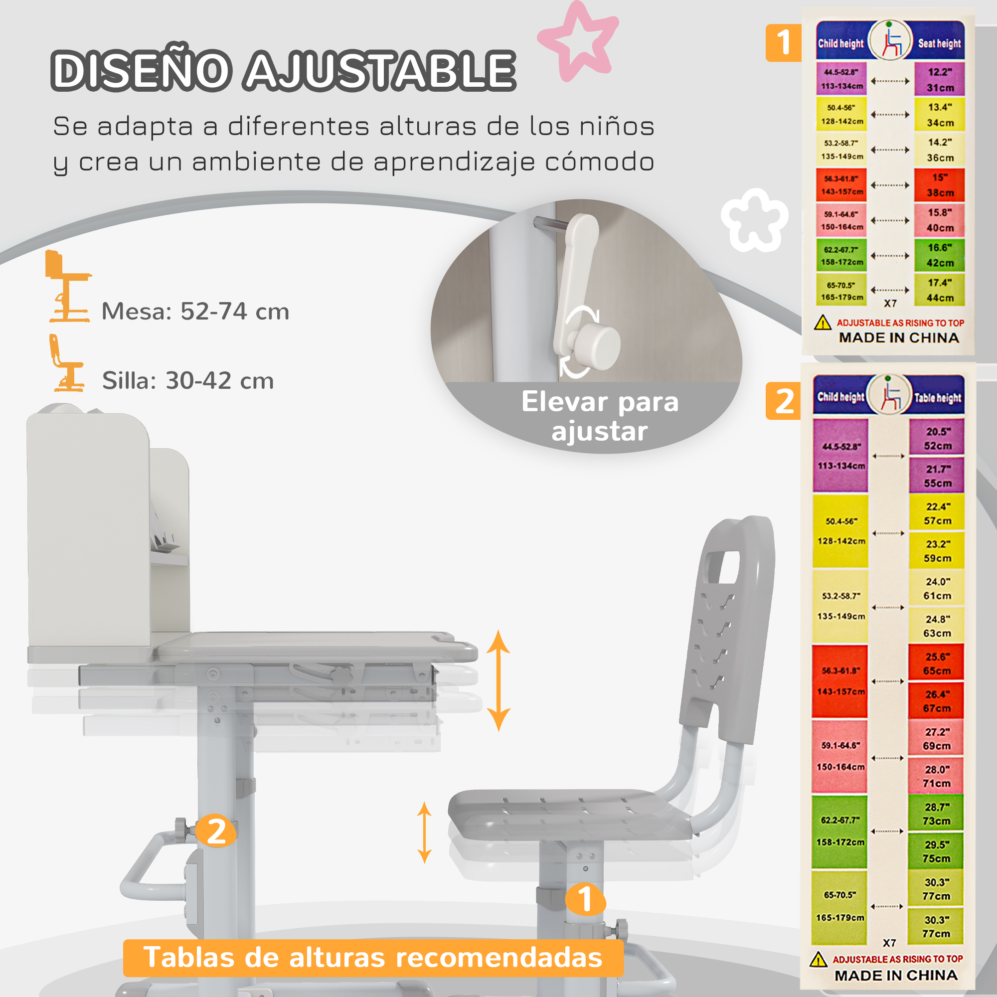 Escritorio y silla infantil ajustables. Especificaciones de altura en pulgadas y cm.
