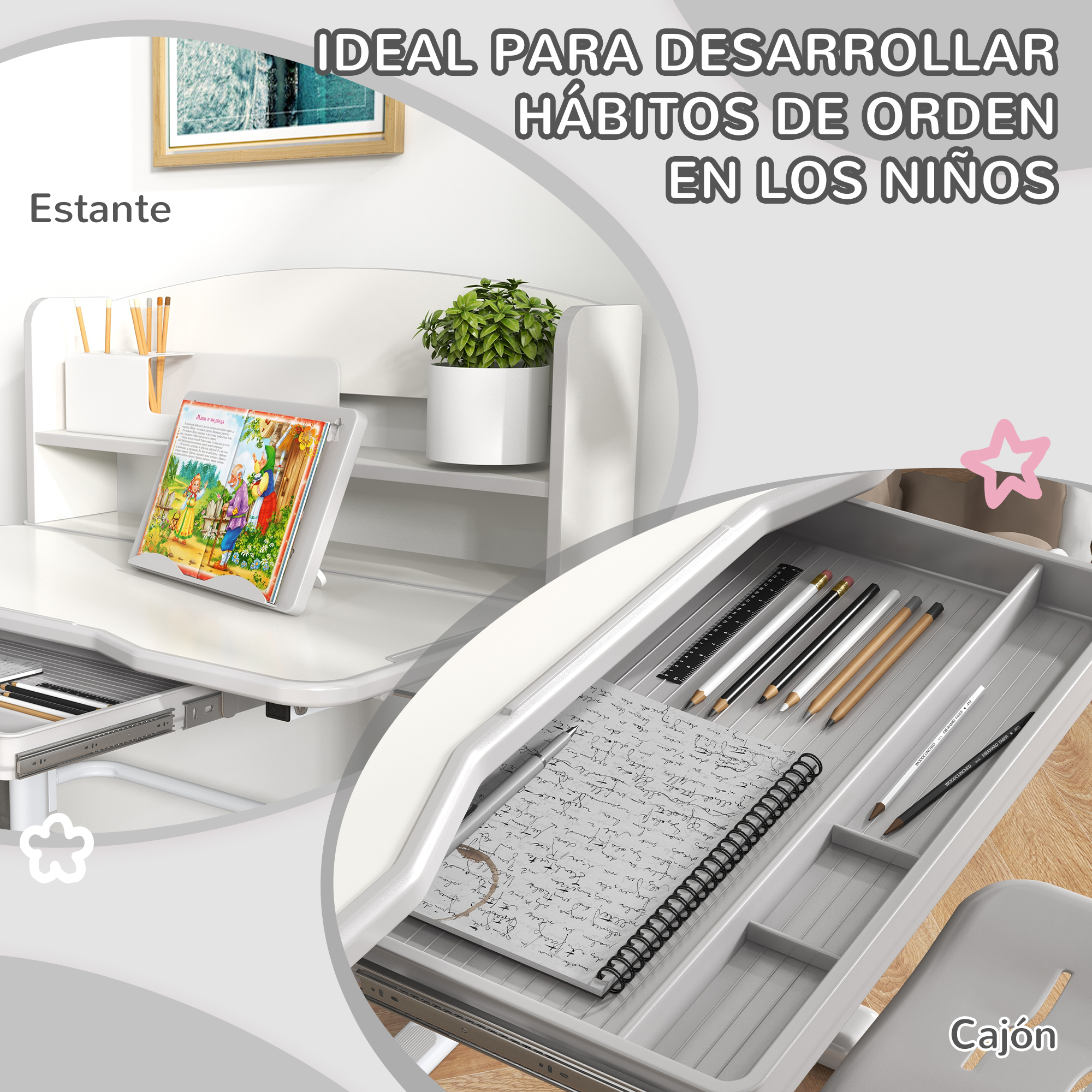 Un escritorio blanco con un cajón abierto lleno de lápices y una regla.