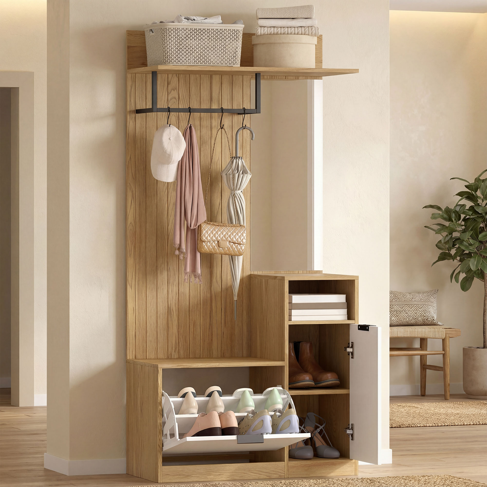 Organizador de entrada de madera con estantes, ganchos para sombreros, bufanda, bolso, paraguas y zapatero.