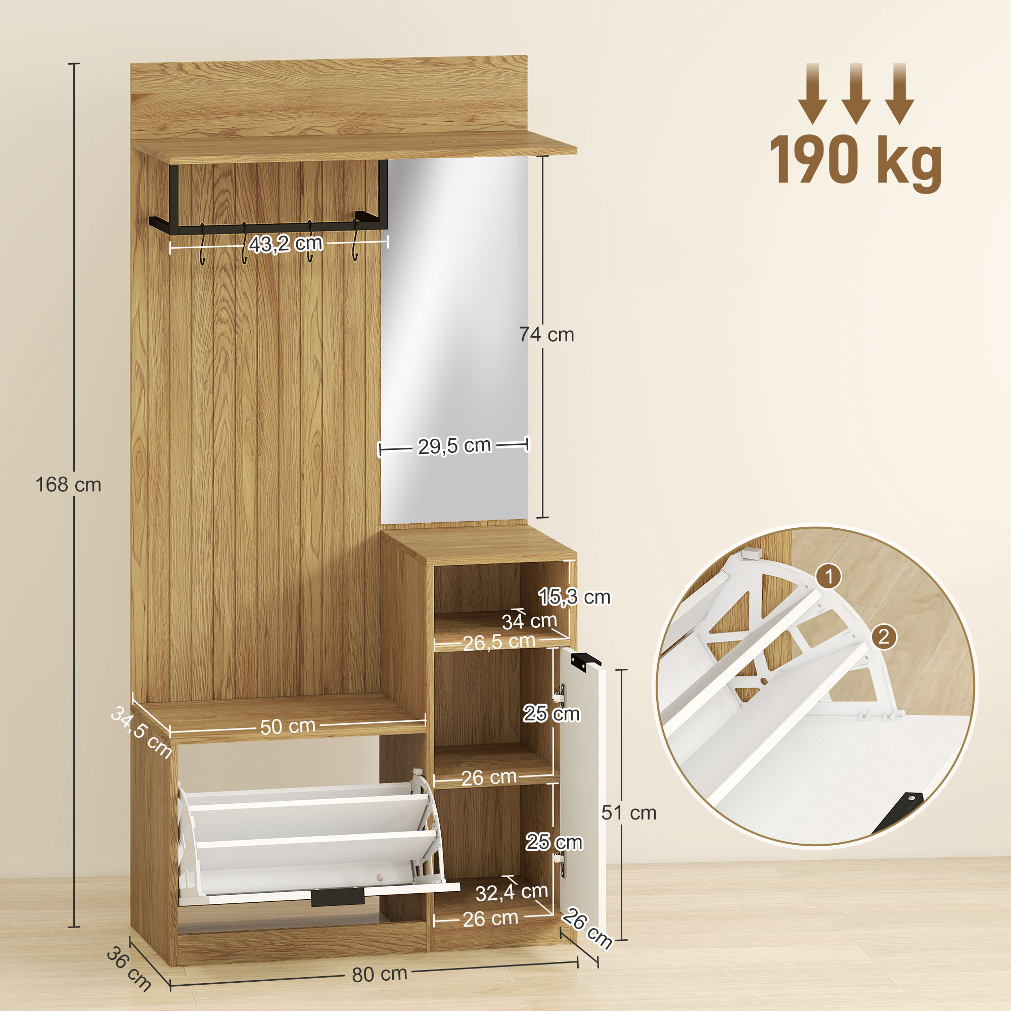 Mueble de recibidor de madera con espejo, zapatero y ganchos. Carga máx. 190 kg.