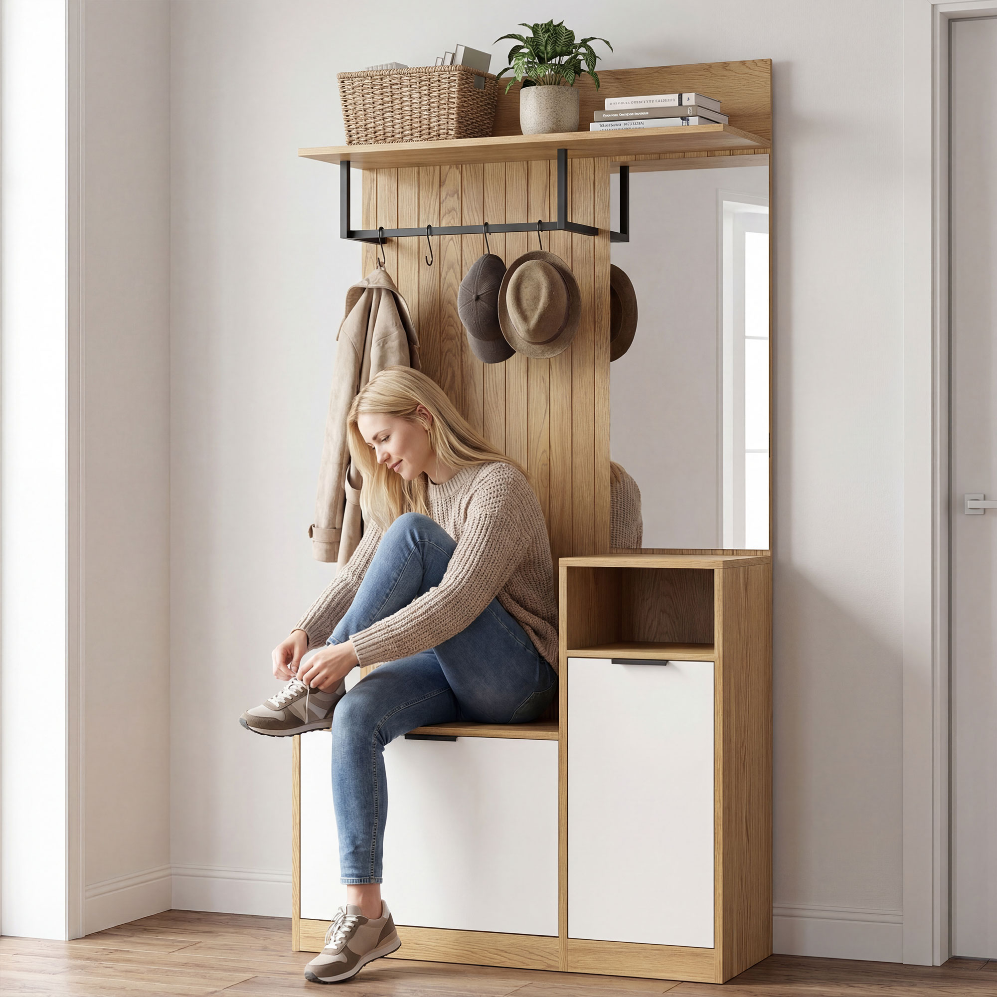 Mujer se ata los zapatos en pasillo con muebles de madera, espejo y perchero.