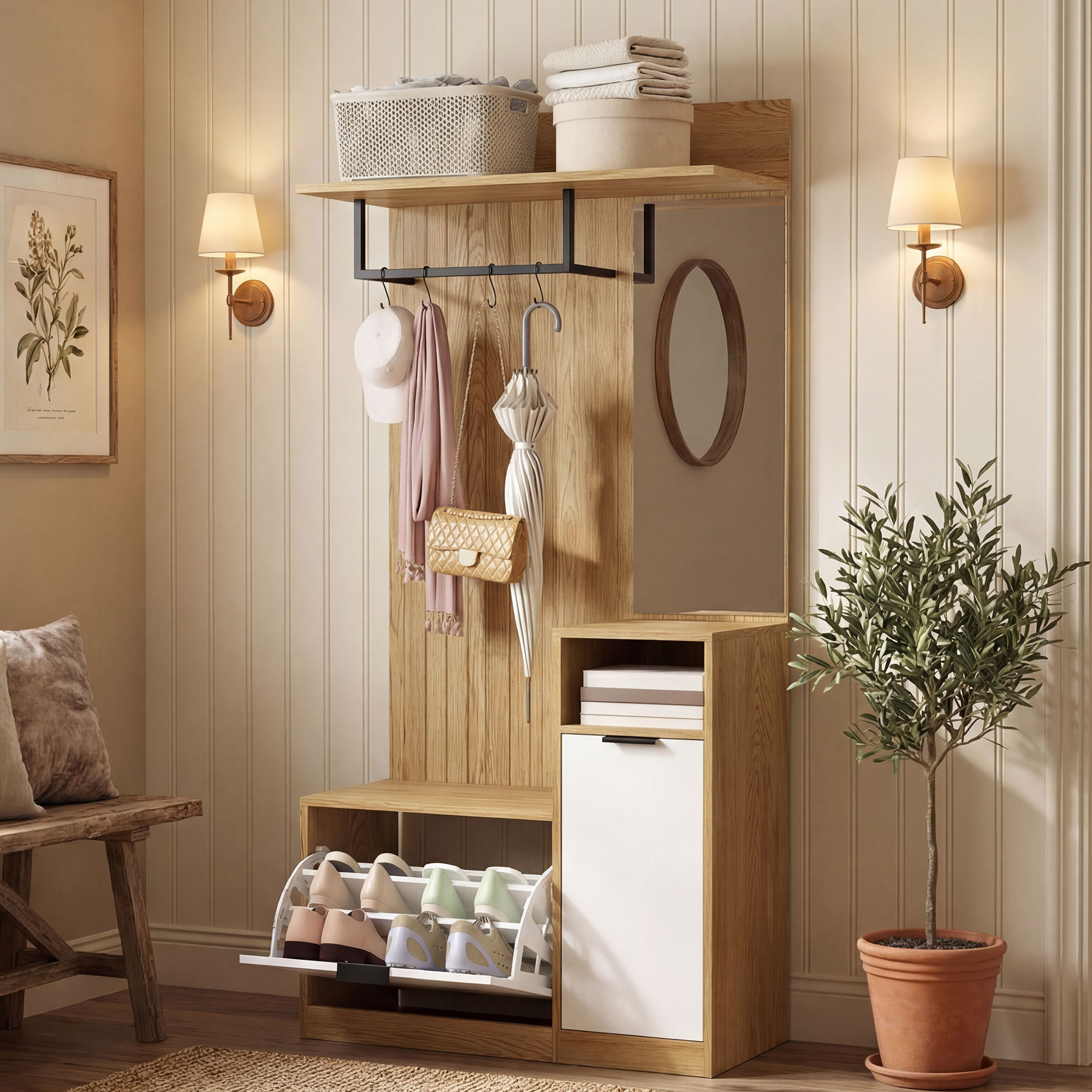 Mueble de recibidor de madera con espejo, zapatero, ganchos y árbol en maceta.
