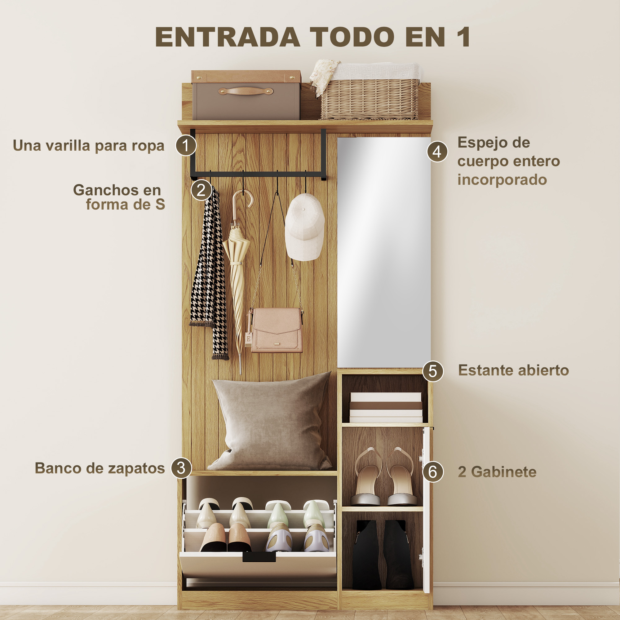 Un organizador de entrada de madera con banco para zapatos, ganchos, espejo y armarios.