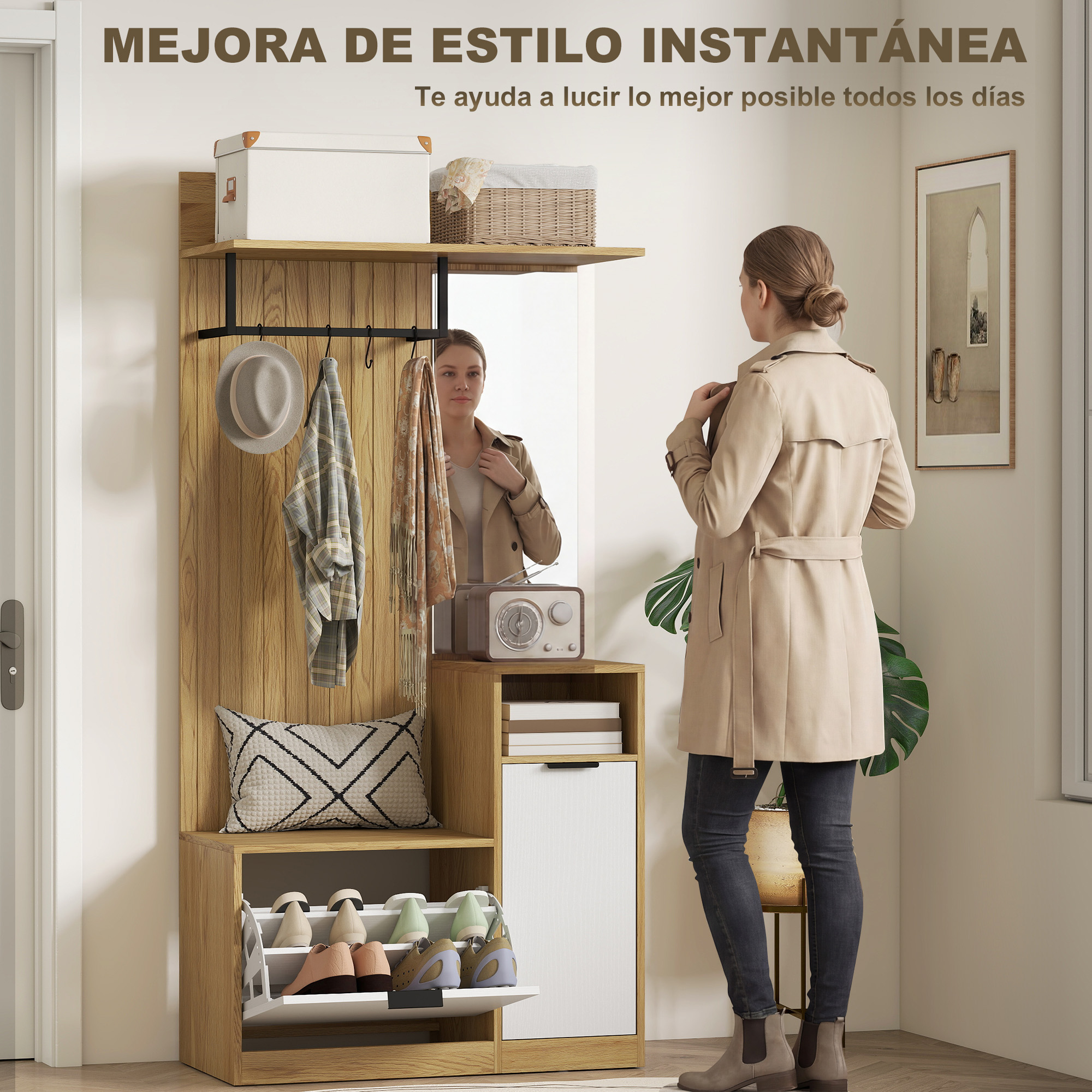 Un mueble de recibidor con sombrero, bufanda, cojín, zapatos, espejo y radio.
