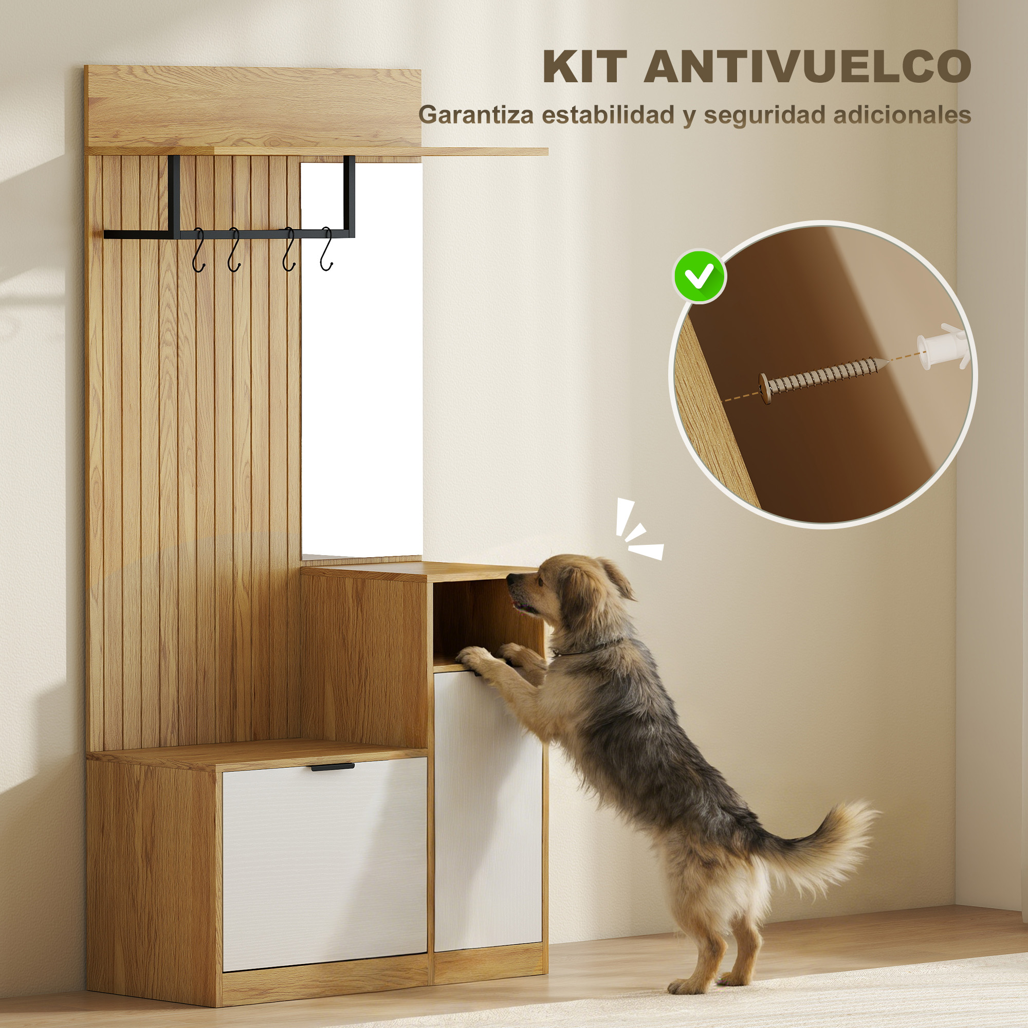Un perro trepa a un mueble de madera con ganchos y cajones.