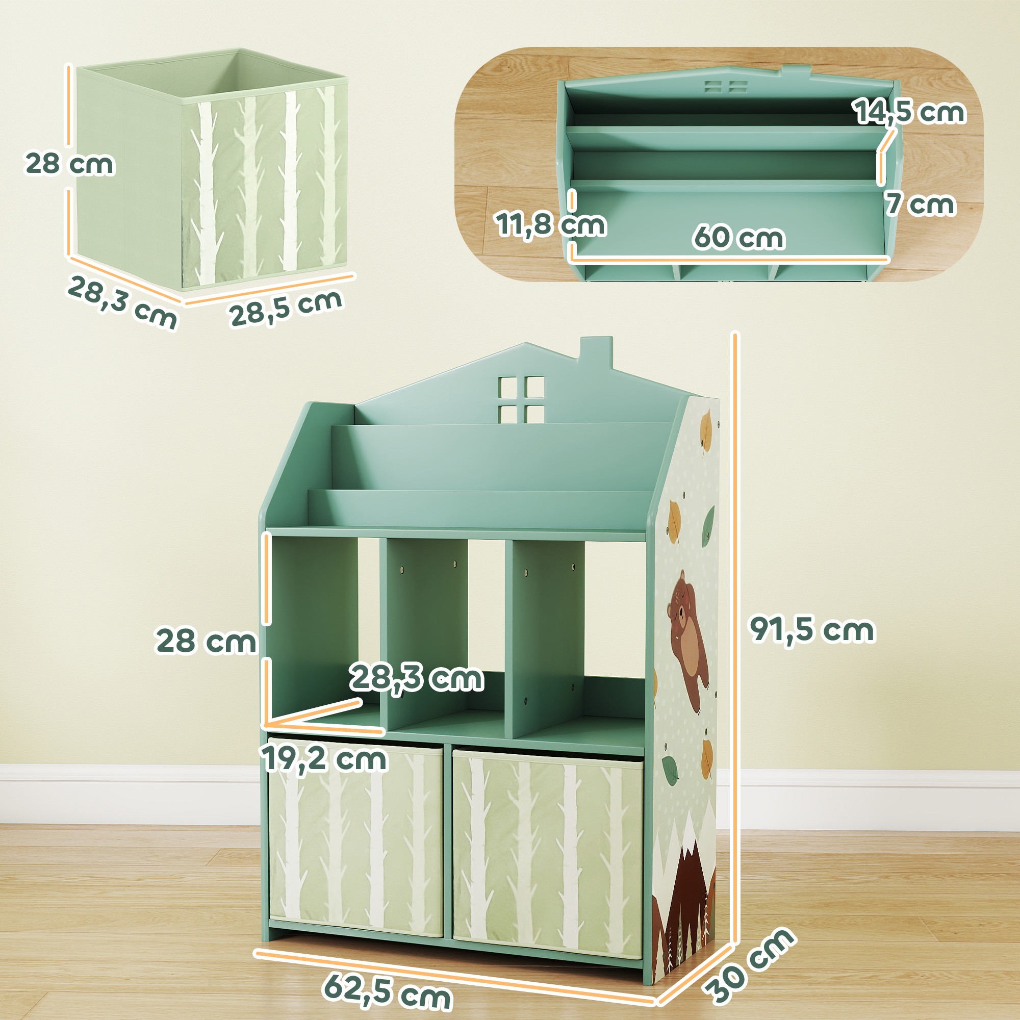 Estantería verde con forma de casa y diseño de osos y hojas.
