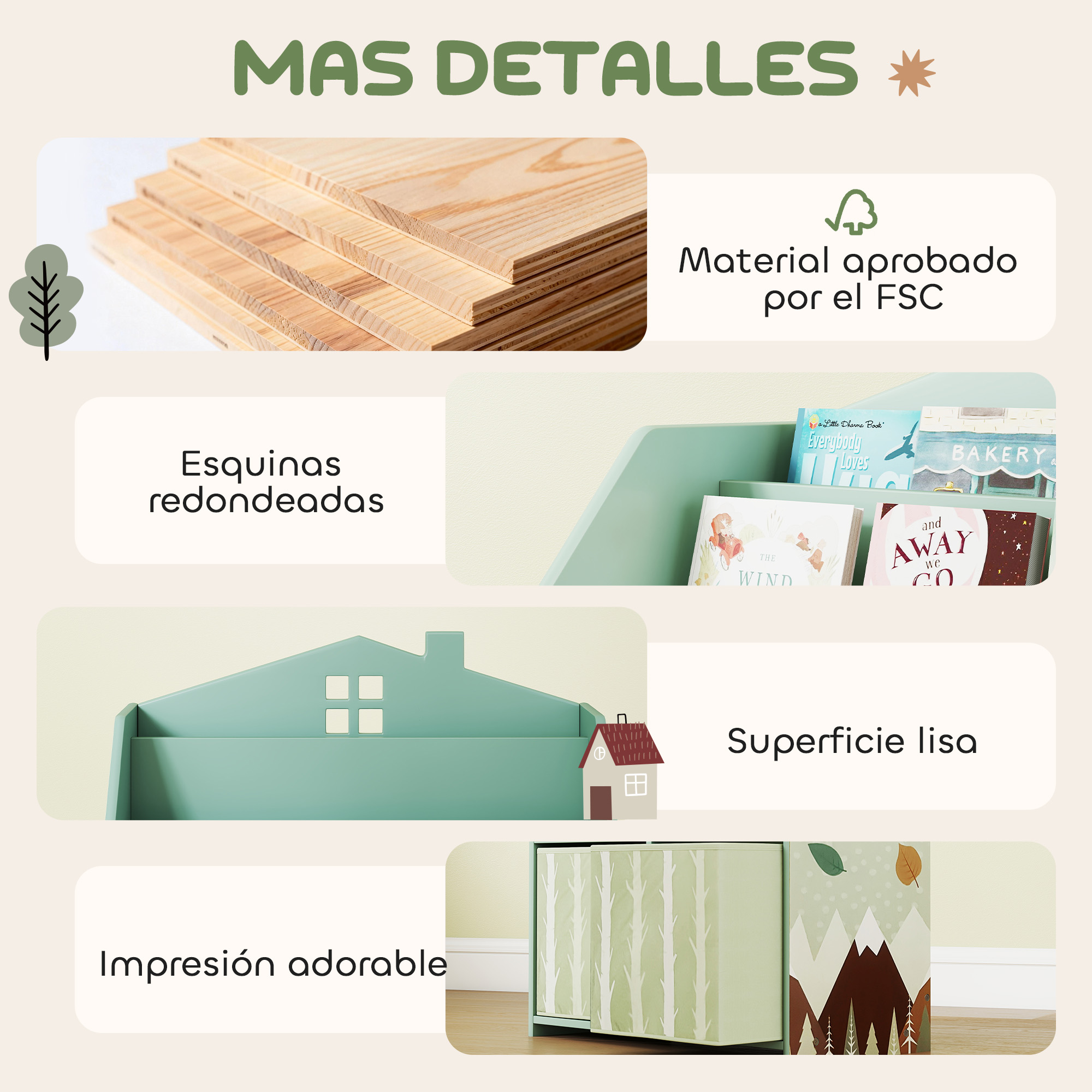 Tablas de madera, estante con libros, estante casa y caja con árboles.