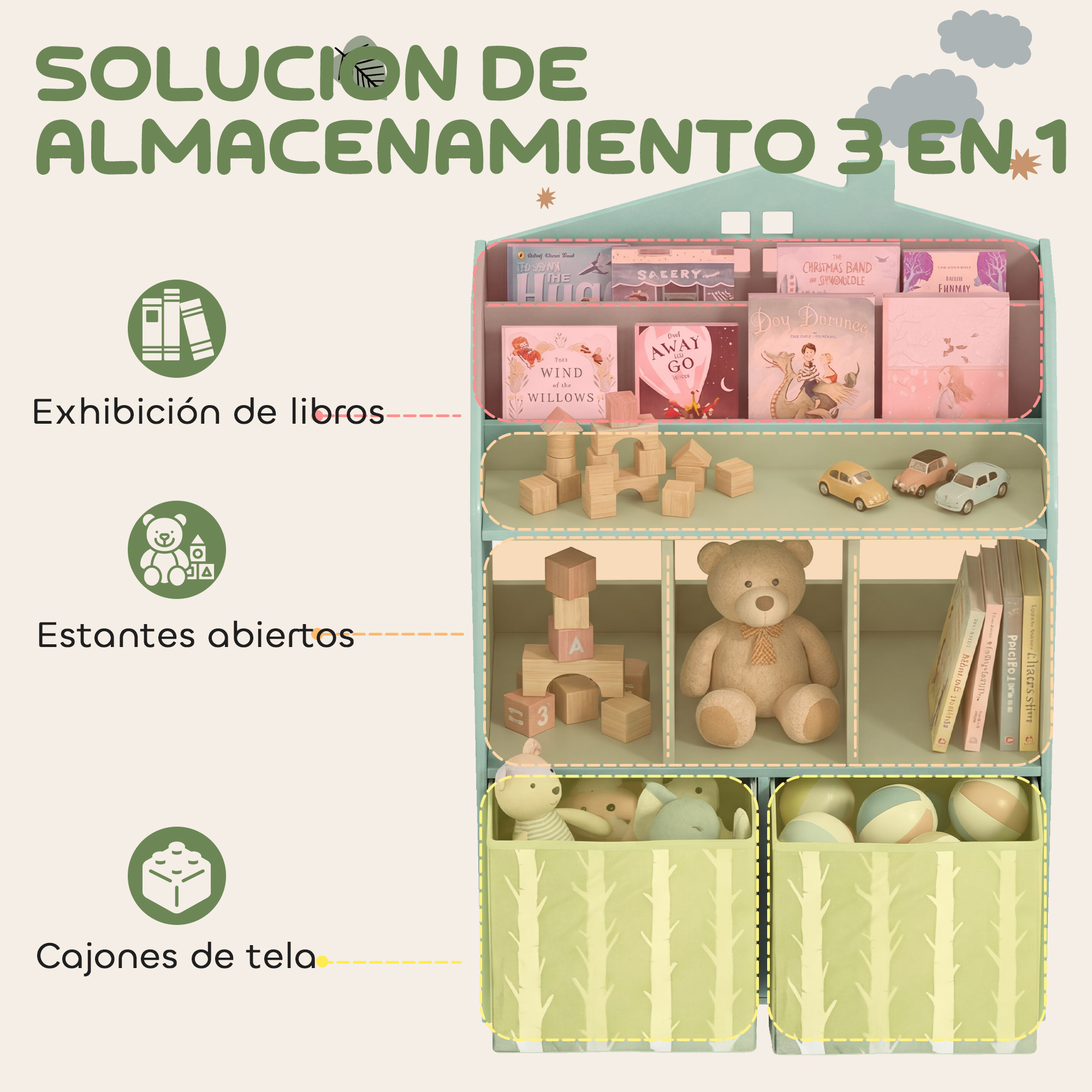 Un estante con libros, juguetes, coches y cajas de tela, con un oso y pelotas.