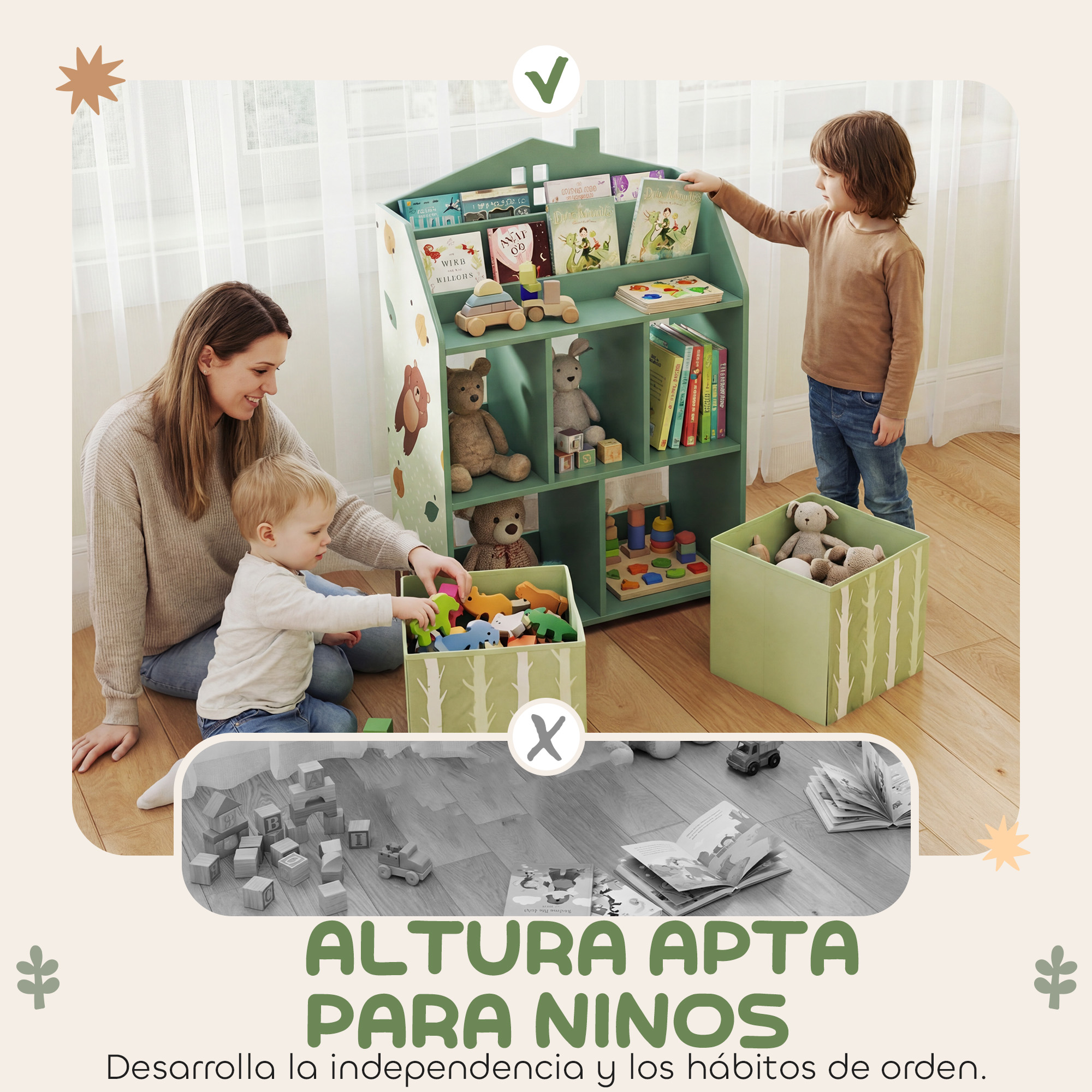 Una mujer y dos niños juegan con juguetes frente a una estantería con libros y peluches.