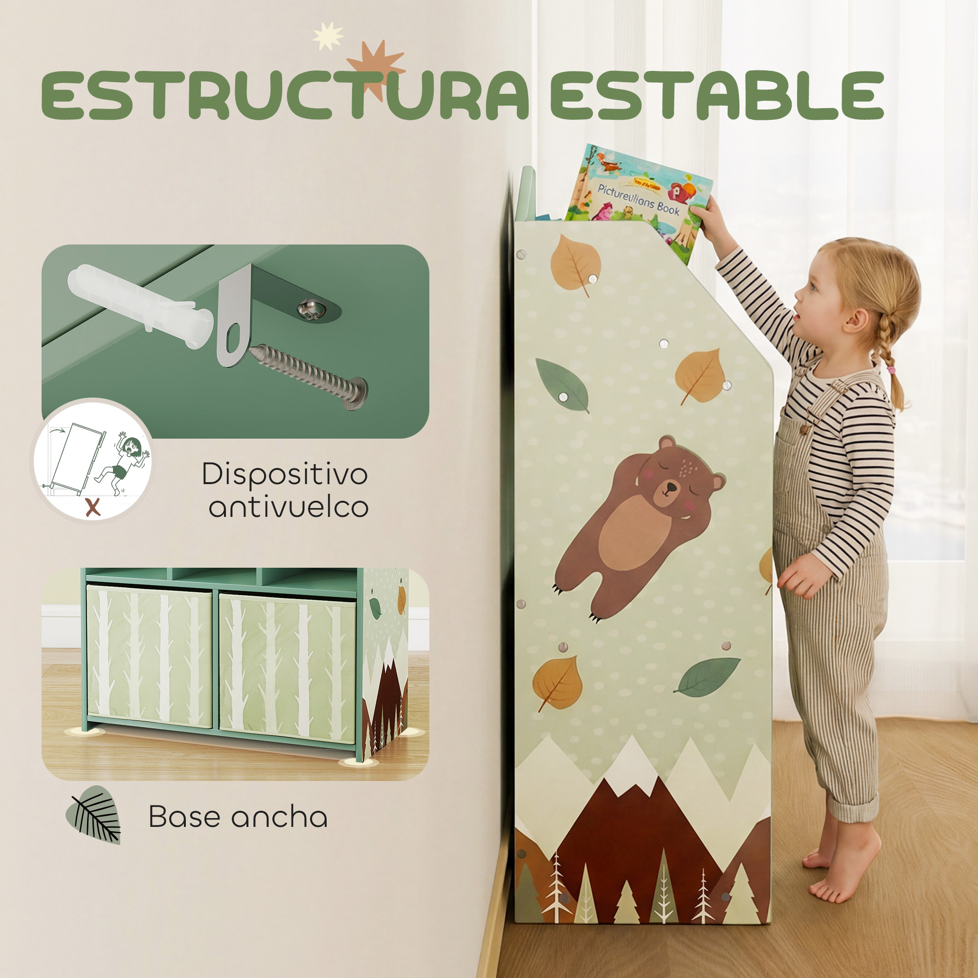 Un niño pone un libro en un estante verde con arte de oso. Se muestran dispositivo antivuelco y base ancha.