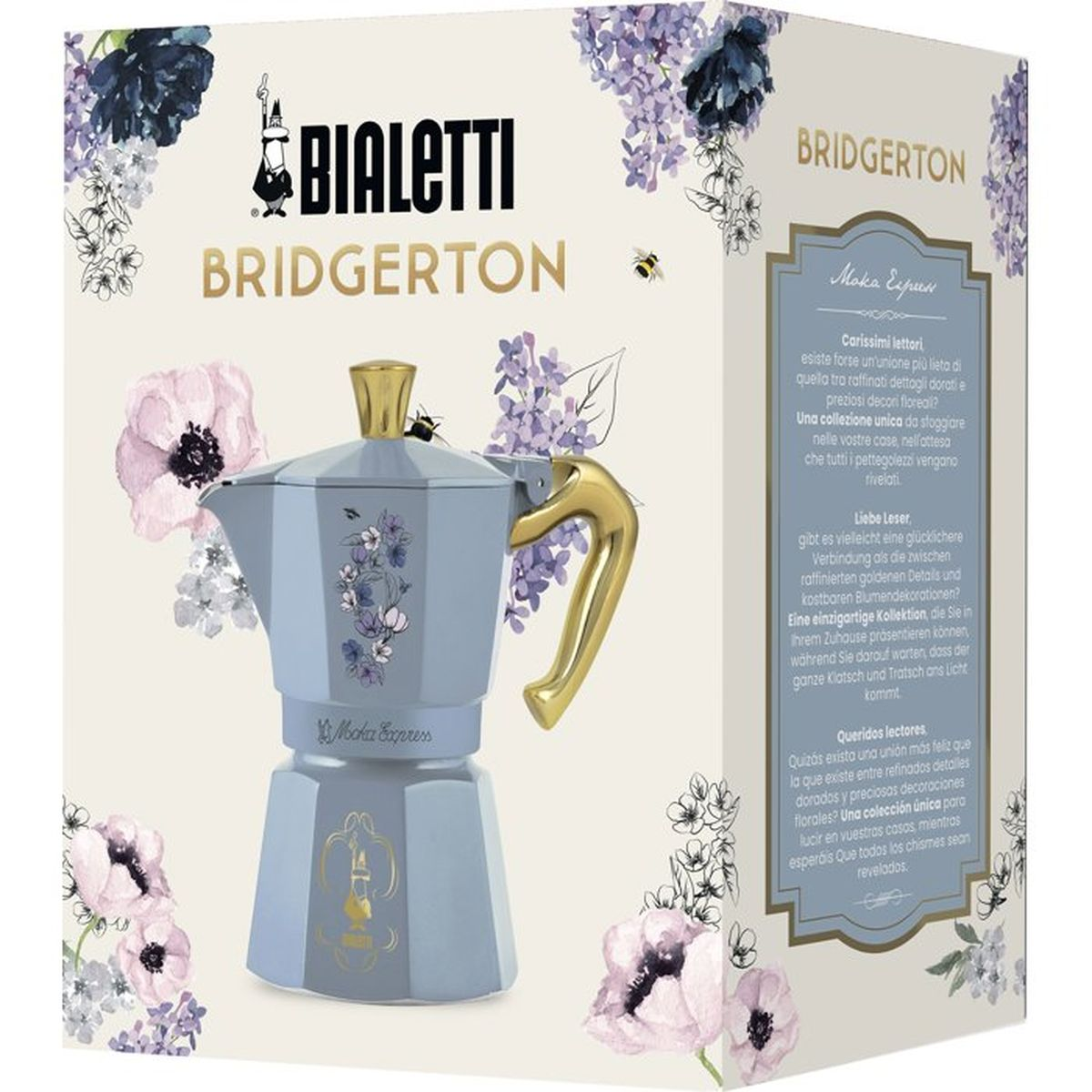 Moka Express Bialetti blu con manico dorato, design floreale e api.
