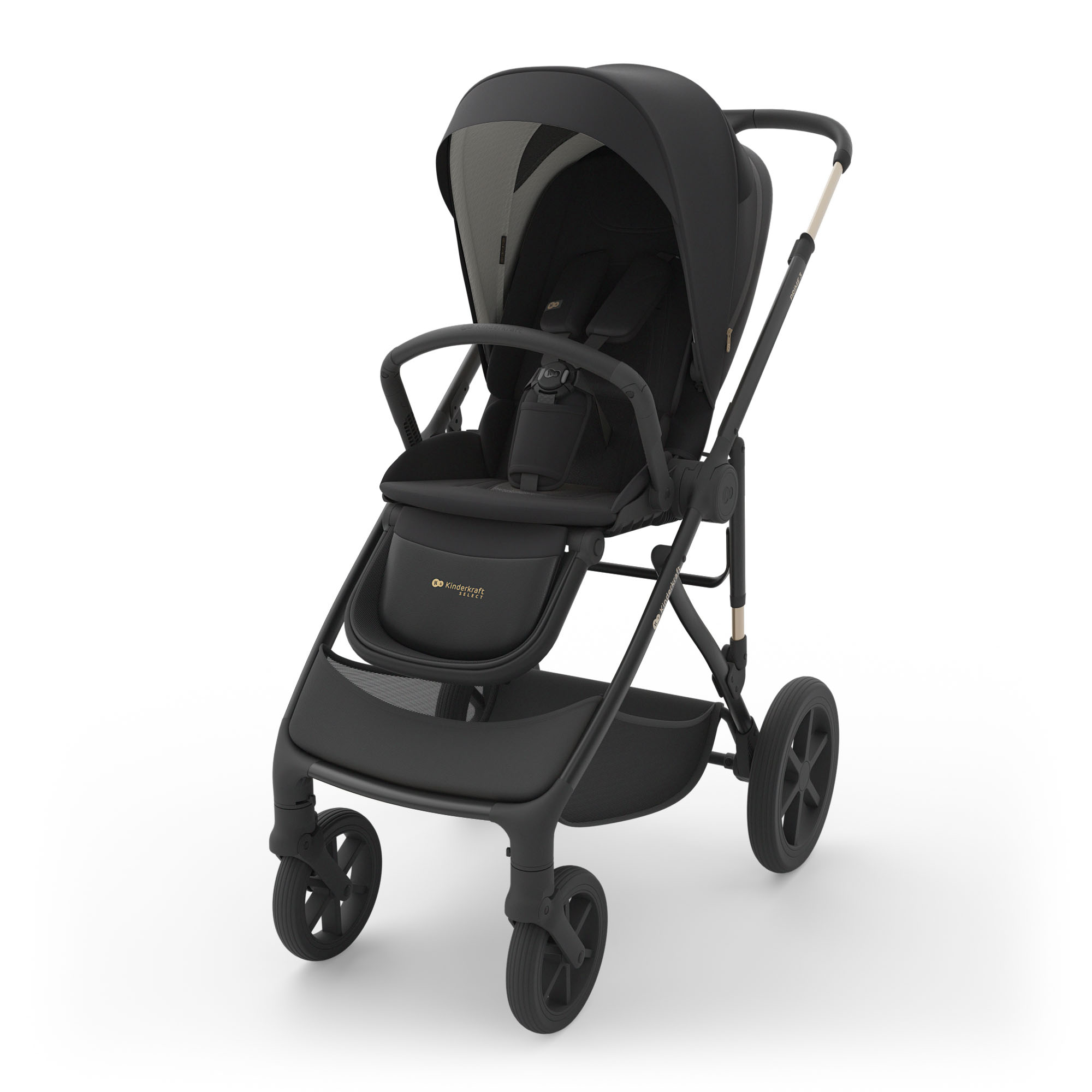Ein schwarzer Kinderwagen mit Verdeck, Sitz und Rädern.