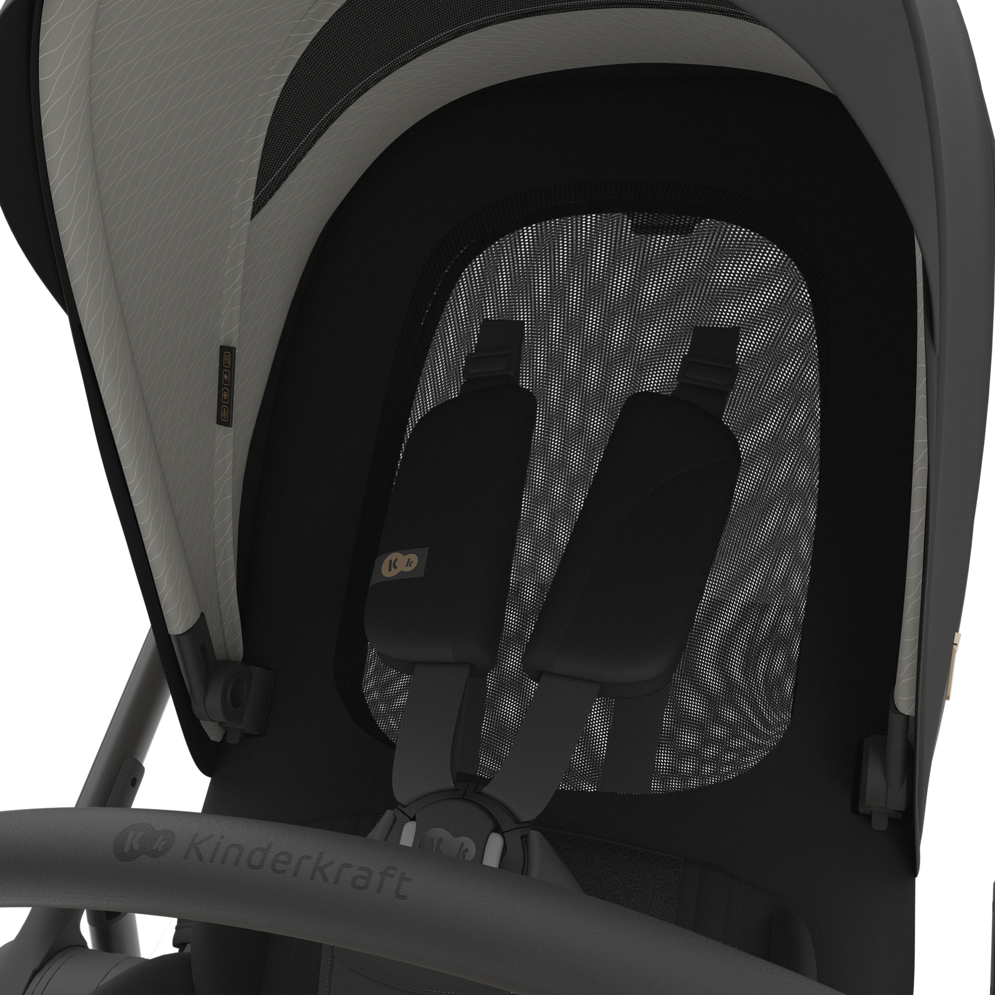 Detailansicht eines Kinderwagen-Innenraums mit Gurten und Markierung.