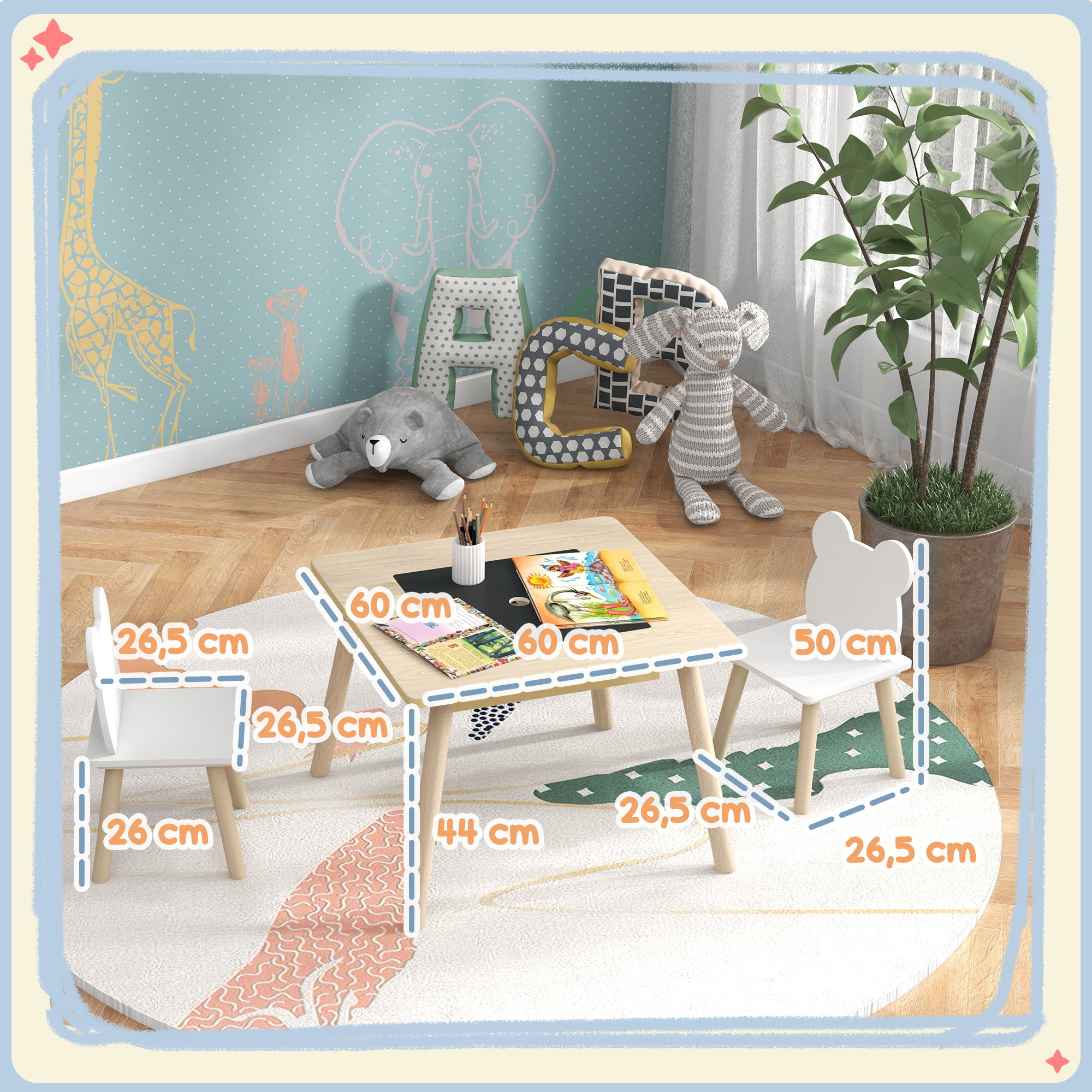 Una mesa infantil con dos sillas, juguetes y dimensiones.