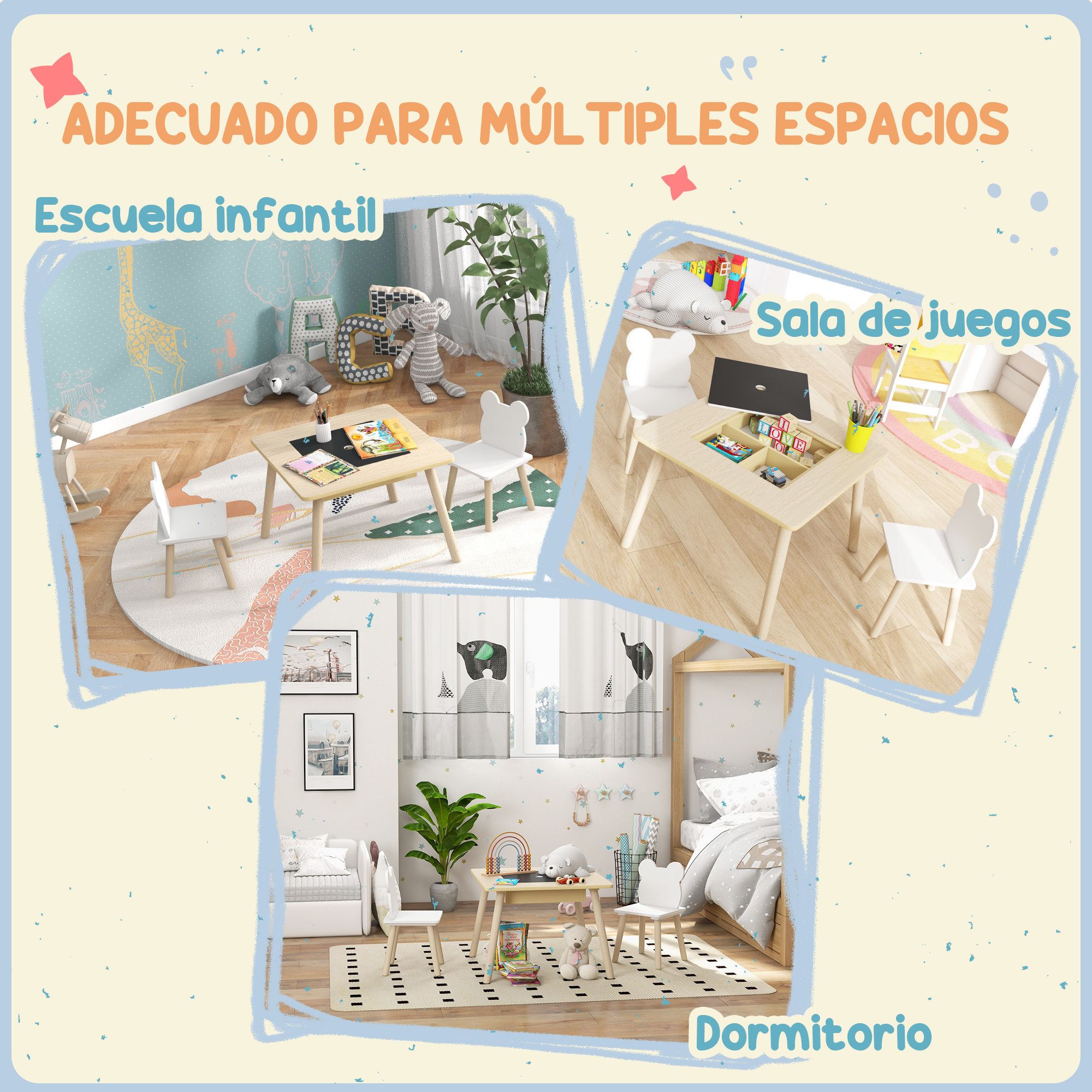 Habitación infantil con mesa de juegos, cama y armario. Adornos de animales en paredes.