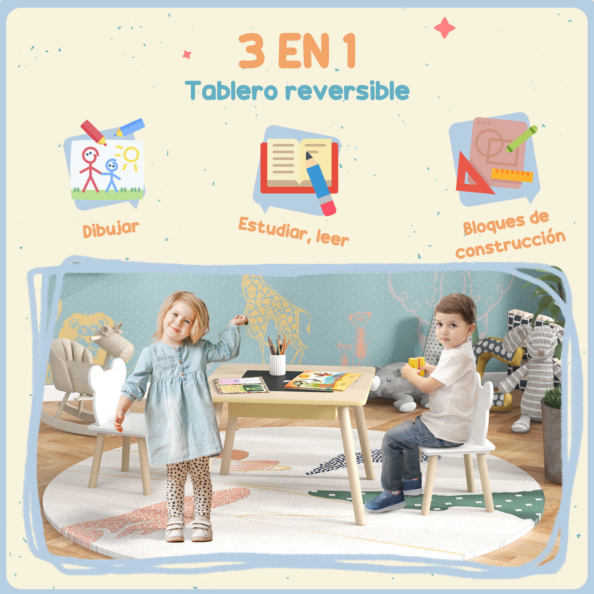 Dos niños en una mesa para dibujar, estudiar y construir.