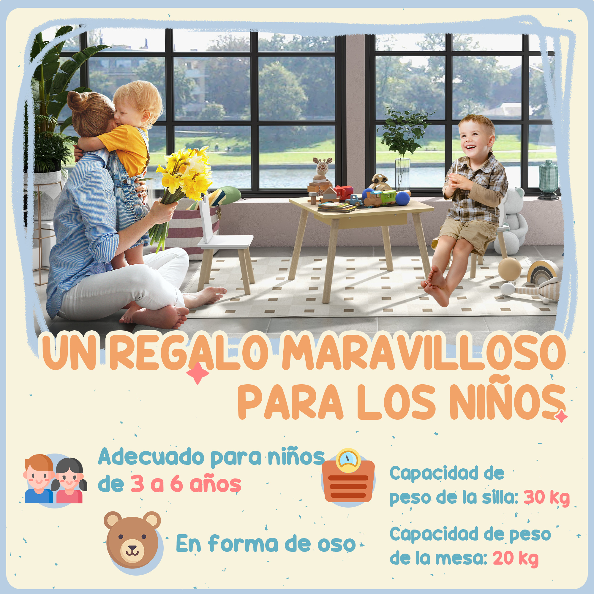 Madre e hijo abrazándose, flores, habitación infantil con juguetes y muebles.