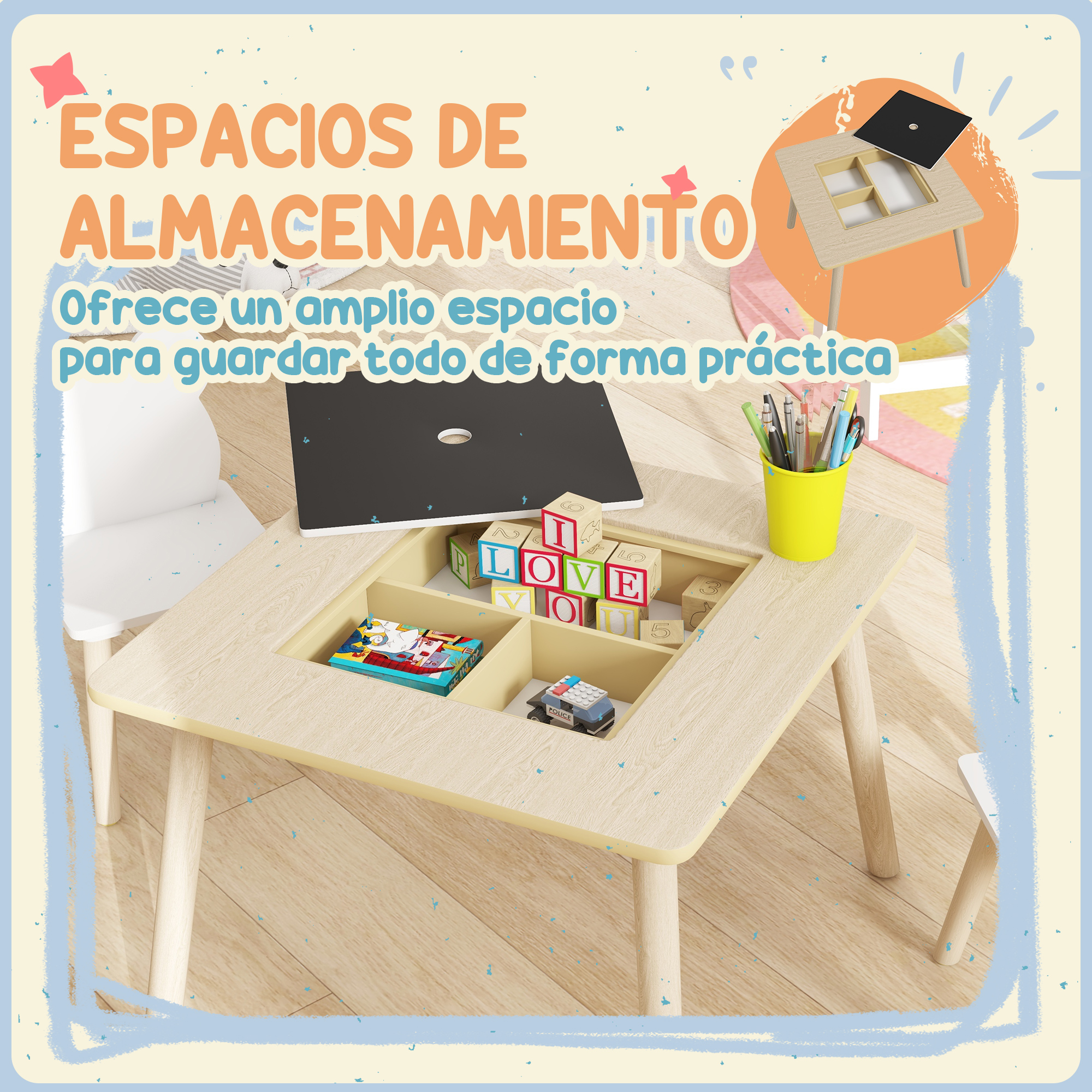 Una mesa de madera con compartimentos, juguetes y bolígrafos.